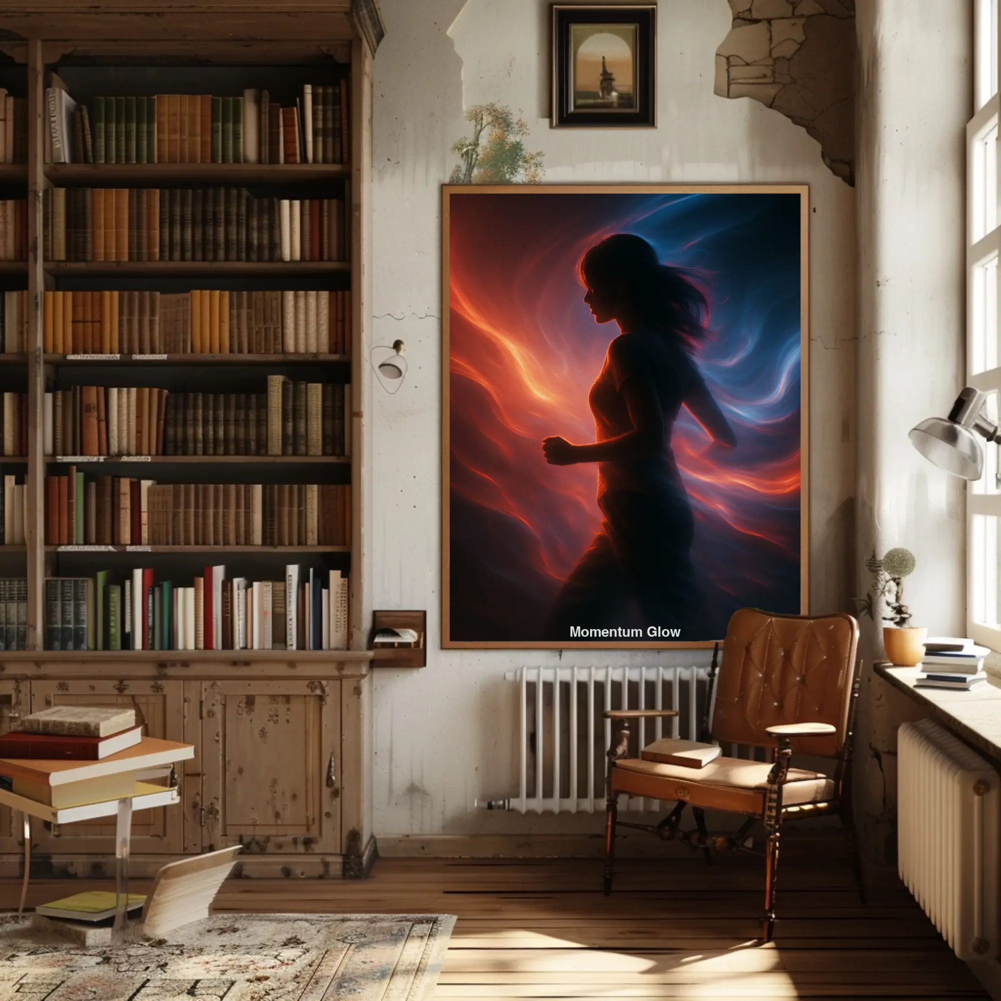 Mockup von „Momentum Glow“ – Frau in Bewegung, umgeben von roten und blauen Lichtströmen