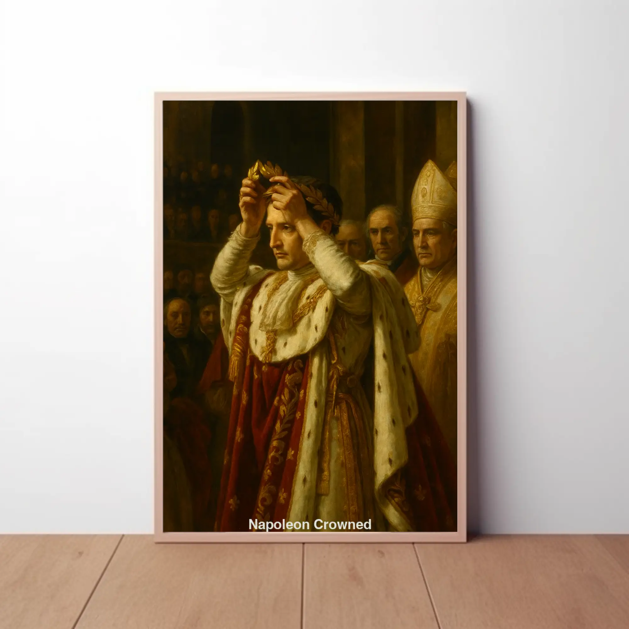 Mockup des digitalen AI Kunstwerks „Napoleon Crowned“ – ein selbstkrönender Herrscher als künstlerisches Statement
