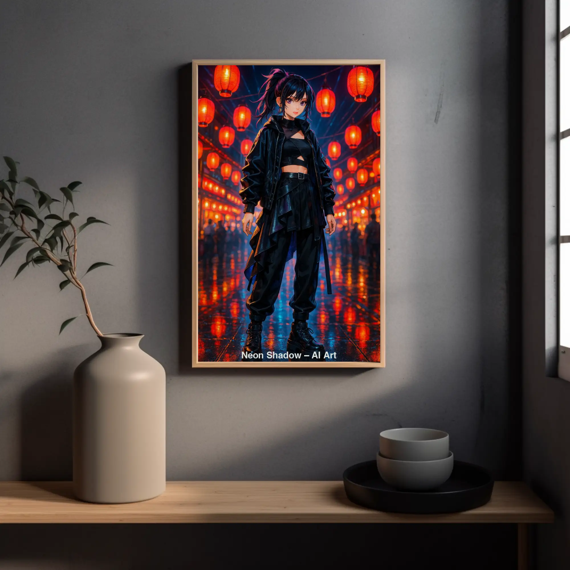 Mockup von Neon Shadow – AI Art, Anime-Figur in schwarzer Kleidung vor leuchtenden roten Laternen im Cyberpunk-Stil.