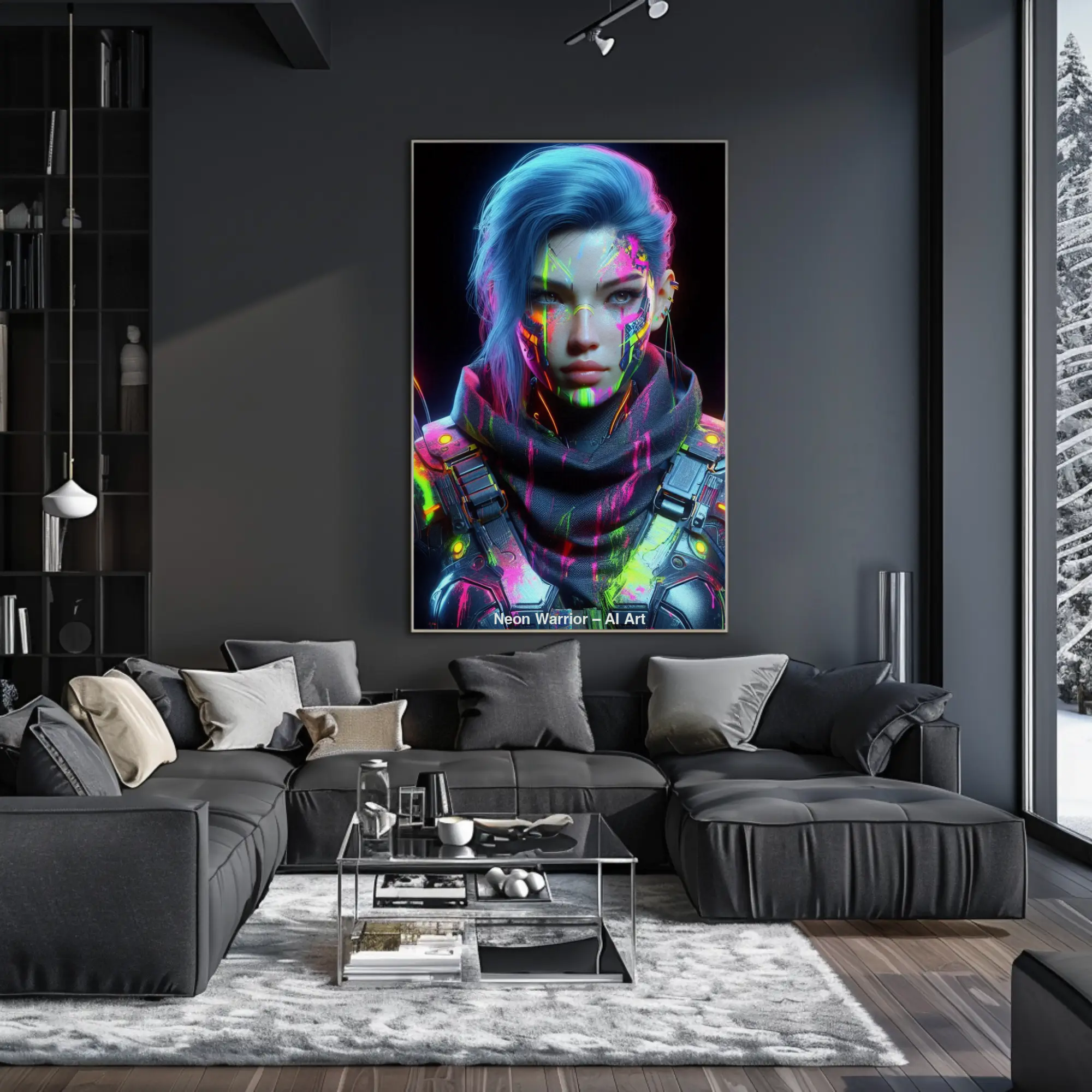 Digital Art Mockup einer futuristischen Kriegerin in Sci-Fi-Rüstung mit Neonfarben im Cyberpunk-Stil in moderner Wohnzimmereinrichtung.