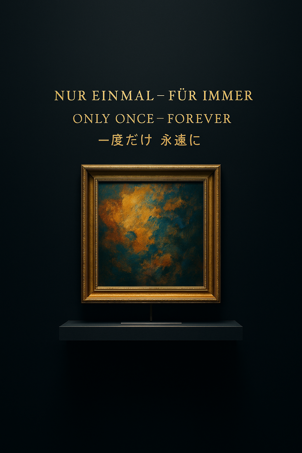 Ein einzigartiges Kunstwerk im goldenen Rahmen mit Text: Nur Einmal – Für Immer, auch auf Englisch und Japanisch.