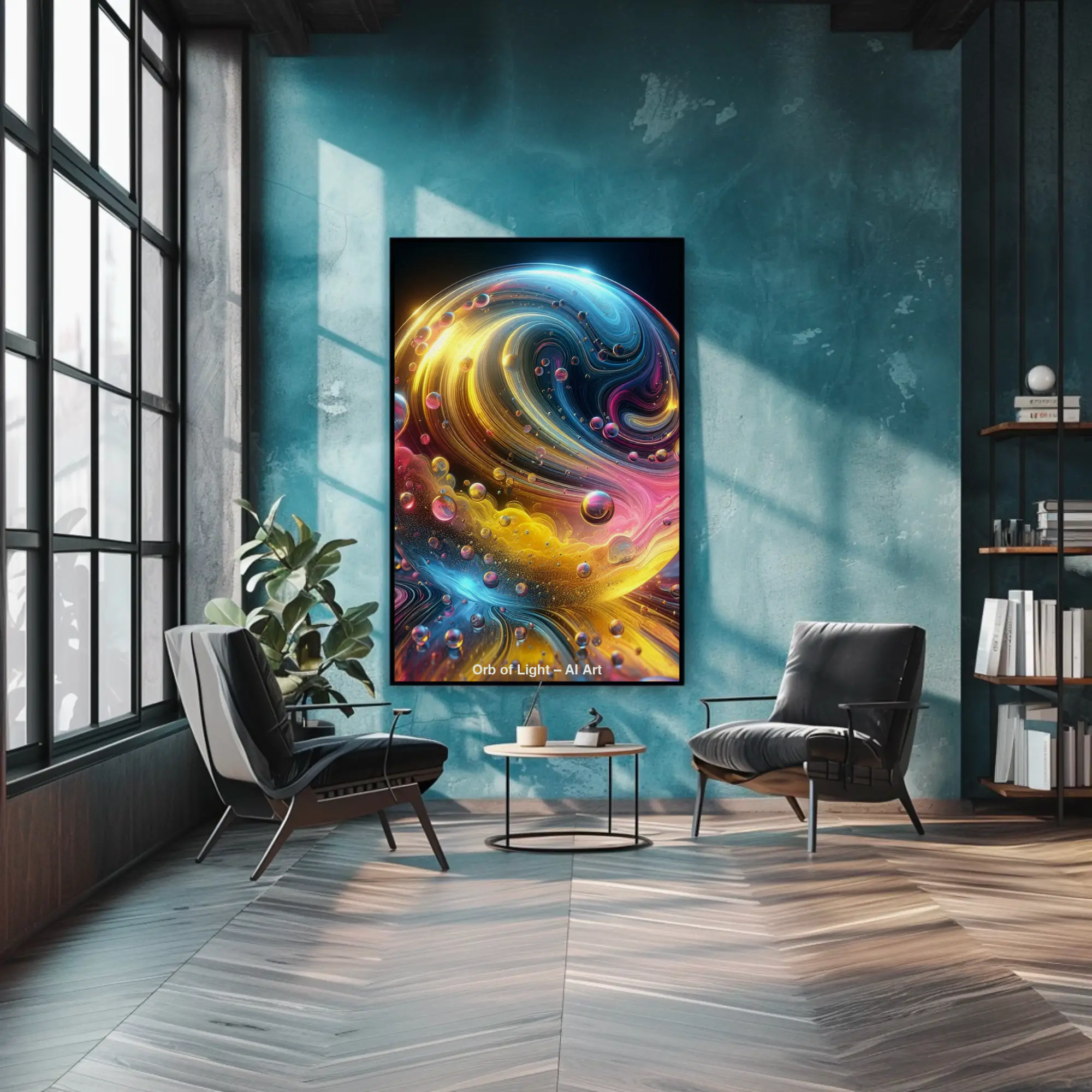 Mockup einer AI Art Kugel mit goldenen, blauen und pinken Farbströmen in moderner Büroeinrichtung.