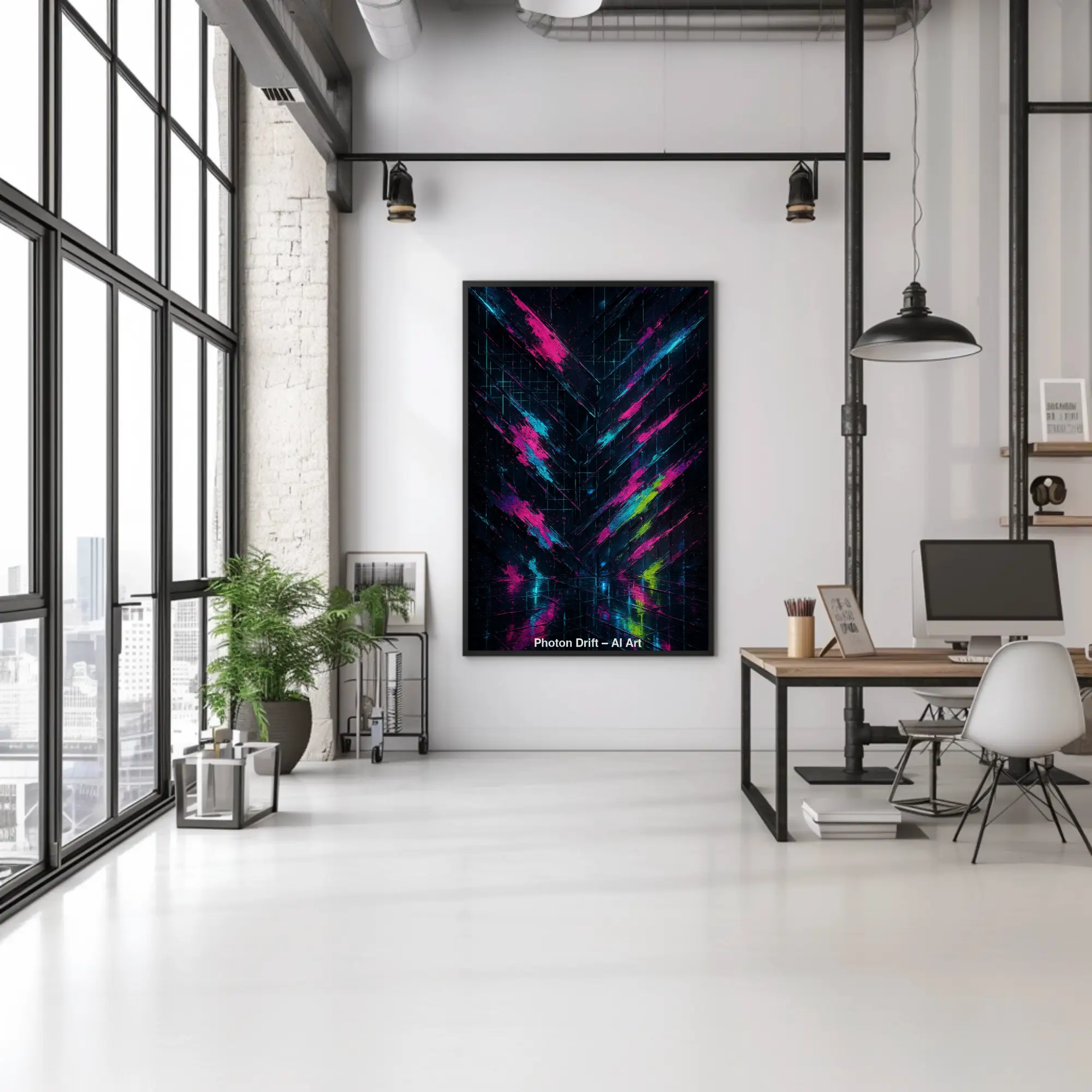 Mockup von Photon Drift – AI Art, abstraktes Neonmotiv mit pinken, blauen und gelben Lichtakzenten auf dunklem Hintergrund.