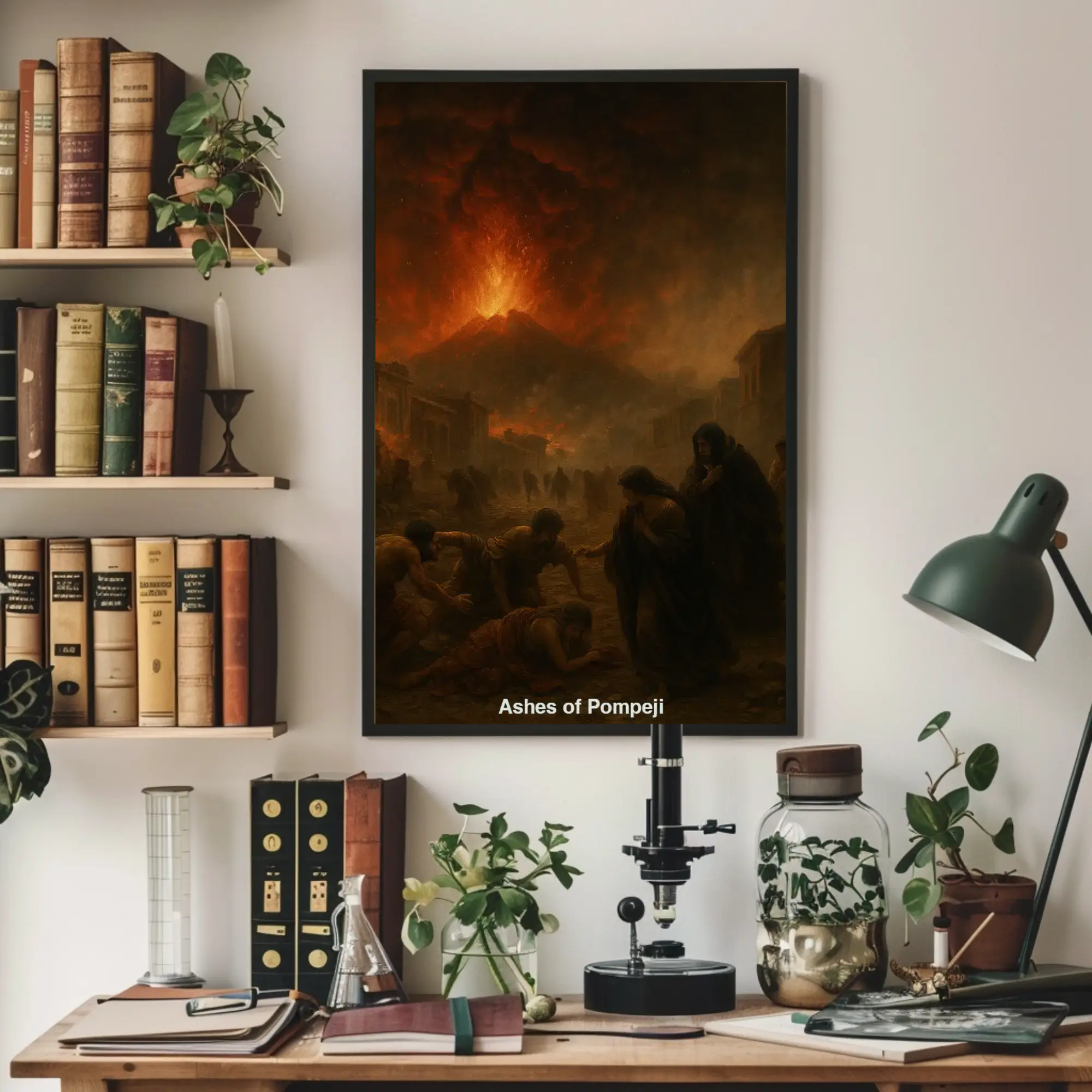 Mockup des Kunstwerks „Pompeji Inferno“ mit fliehenden Menschen und eruptierendem Vulkan in AI generierter Szene