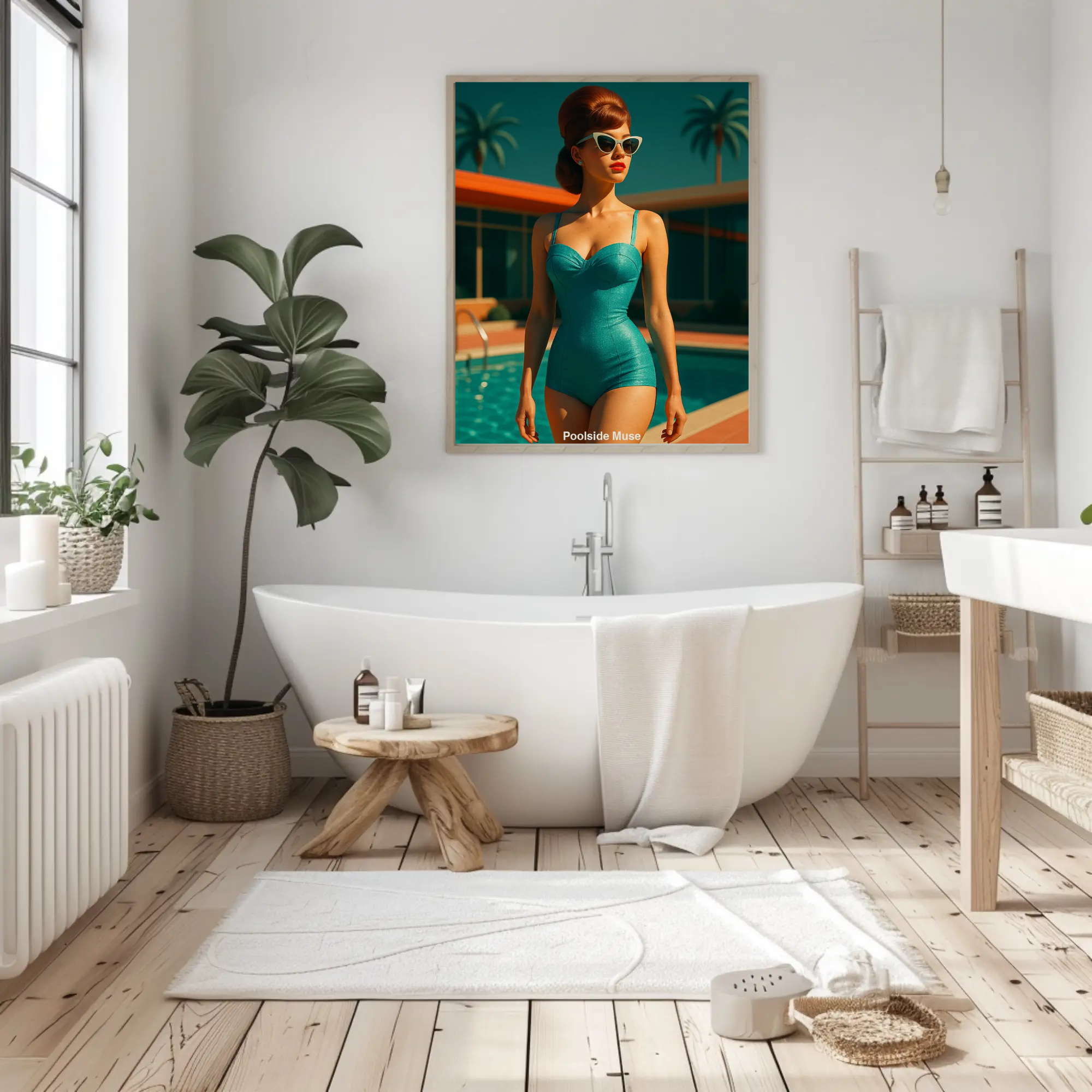 Mockup eines Kunstdrucks „Poolside Muse“ mit Frau im Retro-Stil am Pool