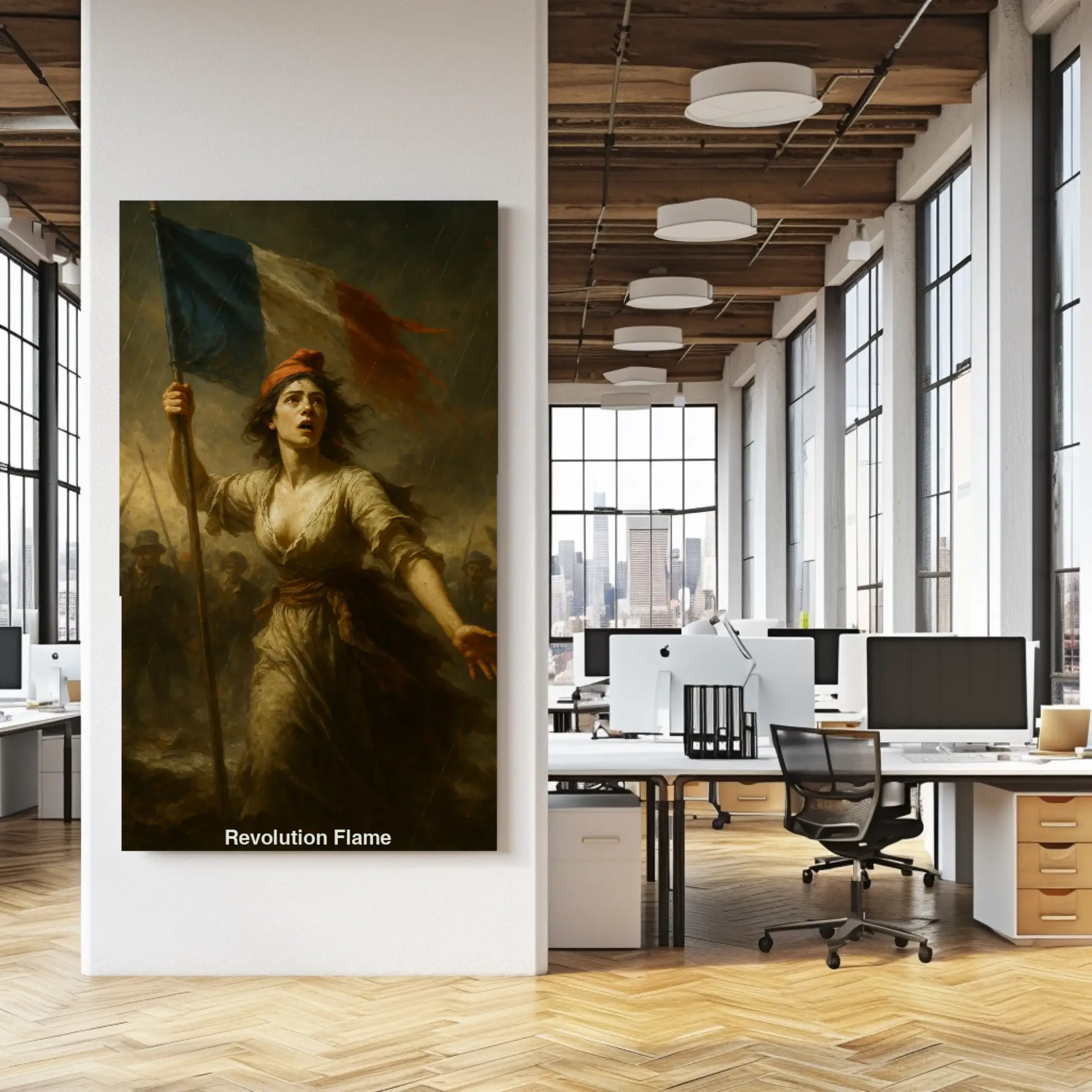Mockup des KI-Kunstwerks „Revolution Flame“ mit historischer Freiheitskämpferin und französischer Flagge im Sturm