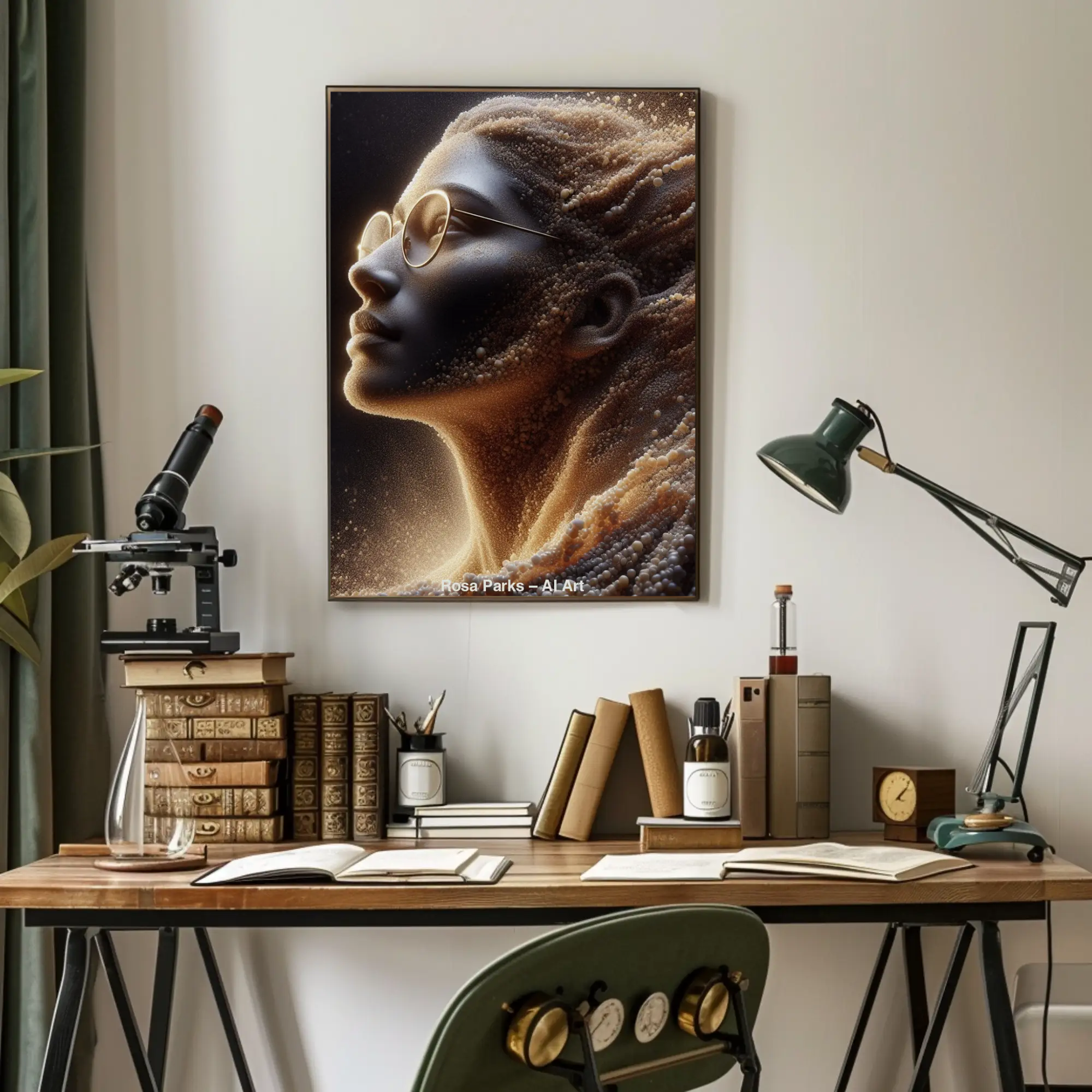 Mockup von Rosa Parks – AI Art, digitales Porträt mit goldenen Partikeln als Symbol für Mut, Würde und Gleichheit.
