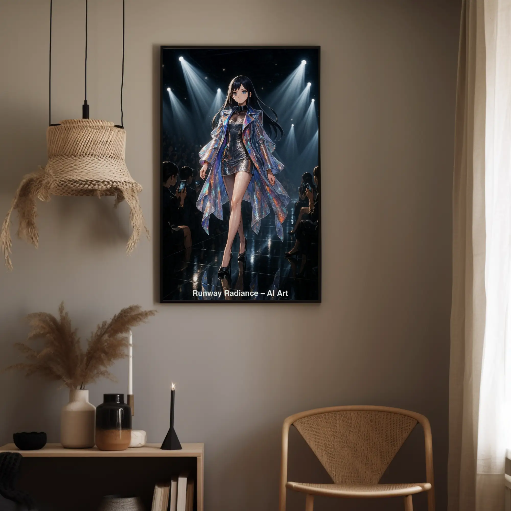 Mockup von Runway Radiance – AI Art, Anime-Figur auf dem Laufsteg mit schimmerndem Mantel und elegantem schwarzen Kleid.