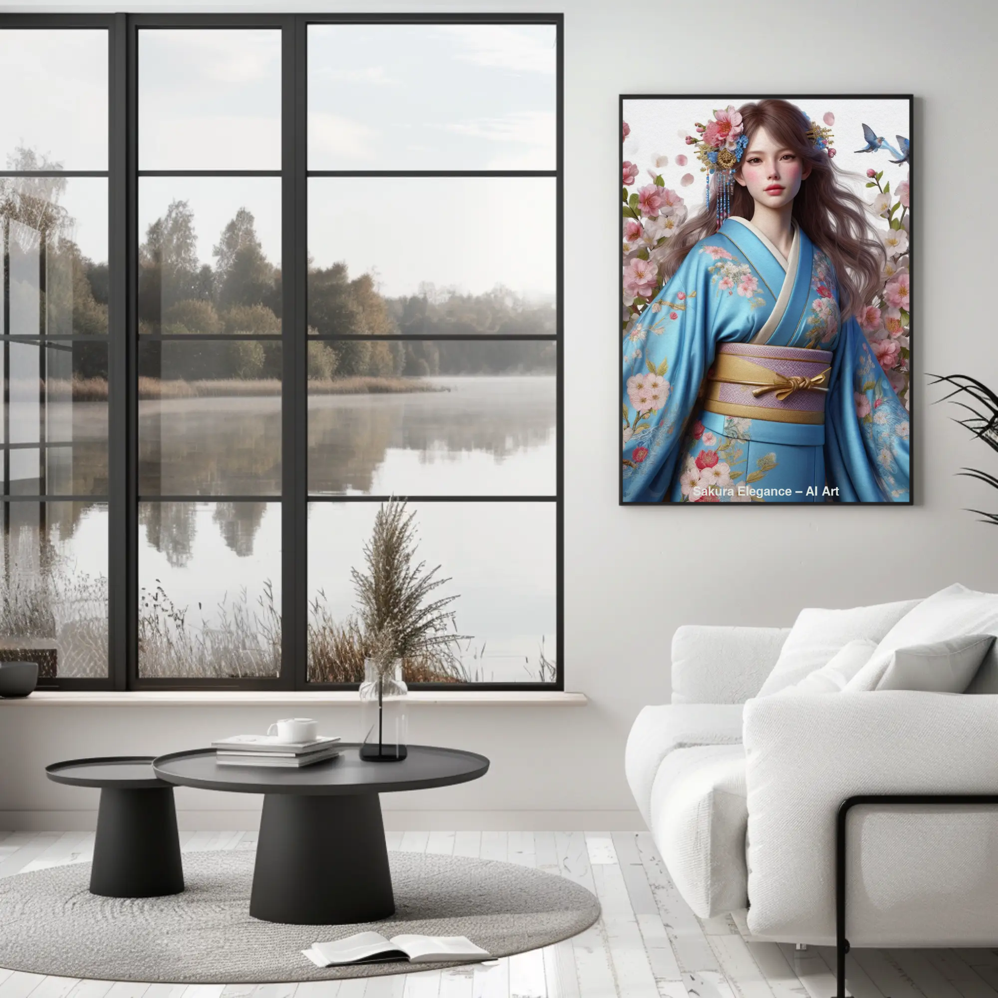 Digital Art Mockup einer Frau in blauem Kimono mit Kirschblüten und Vögeln in eleganter Wohnzimmereinrichtung.