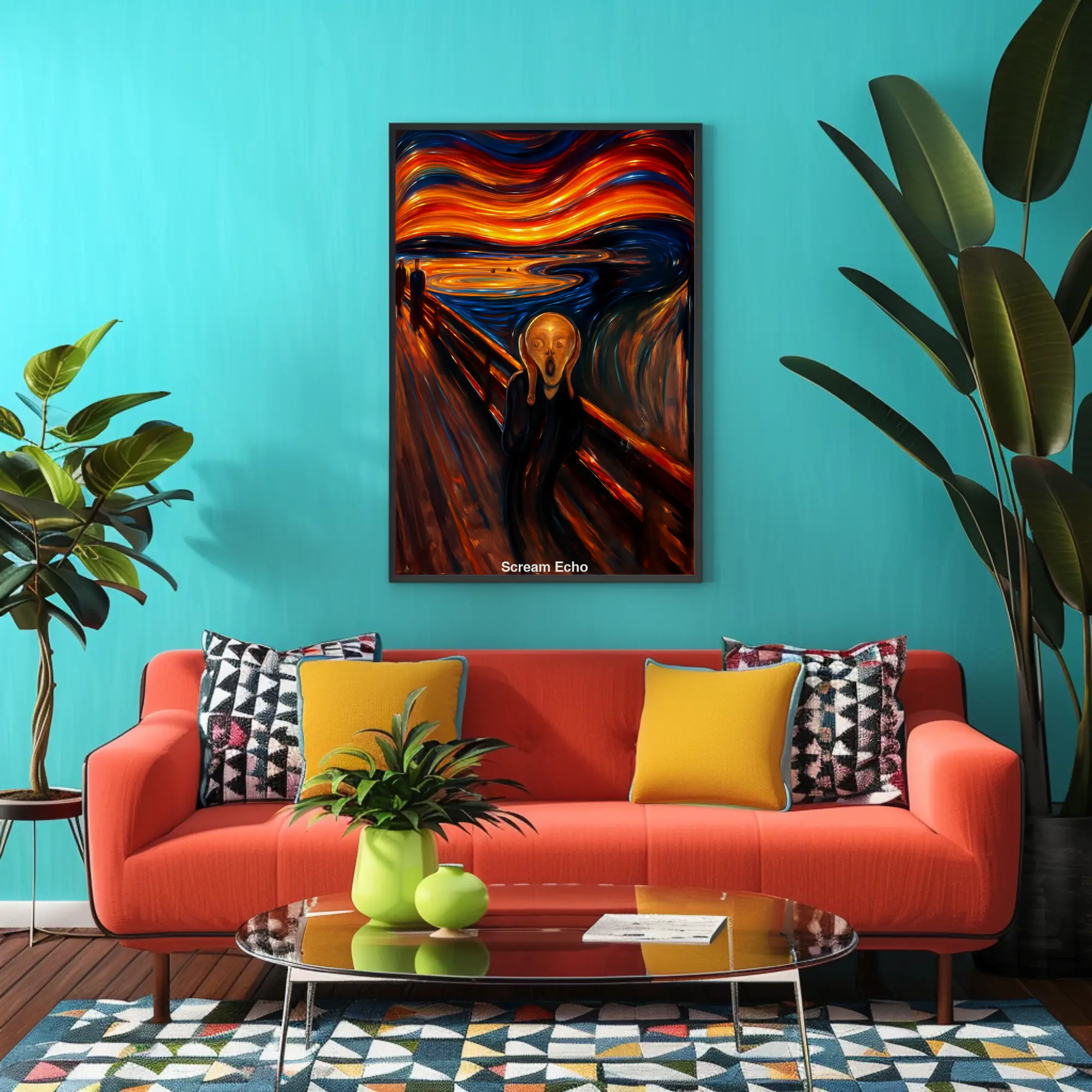 Mockup des Kunstwerks „Scream Echo“ – digital interpretierter Schrei mit leuchtendem Himmel als AI Art