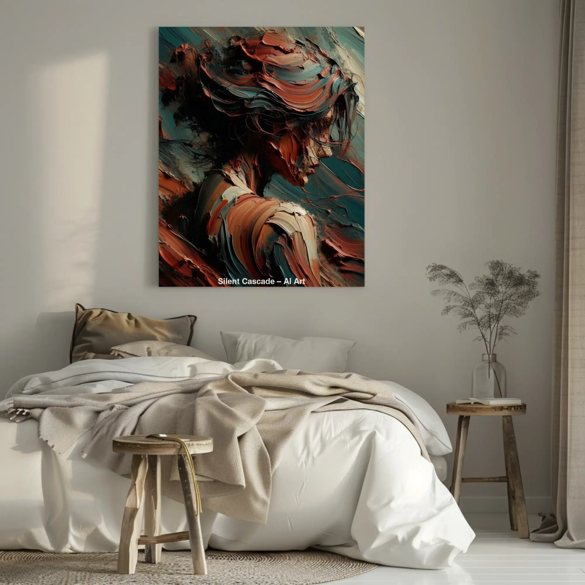Mockup von Silent Cascade – AI Art, abstraktes Frauenporträt in warmen Ölfarben mit dynamischen, fließenden Pinselstrichen.
