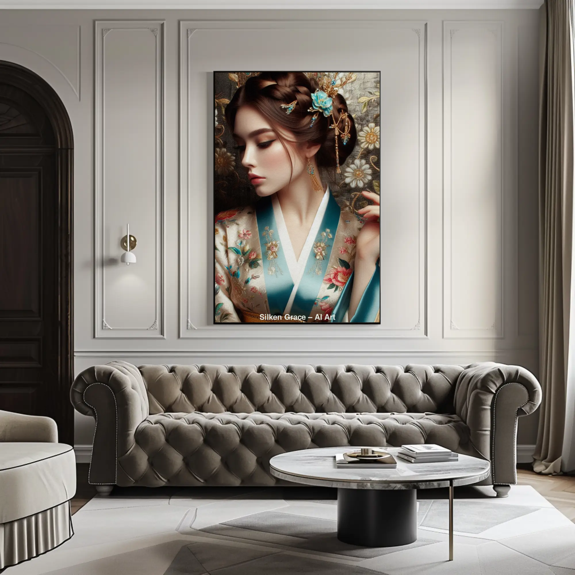 Digital Art Mockup einer Frau in traditionellem Seidengewand mit Blumenmuster, Haarschmuck und asiatischem Stil in eleganter Wohnzimmereinrichtung.