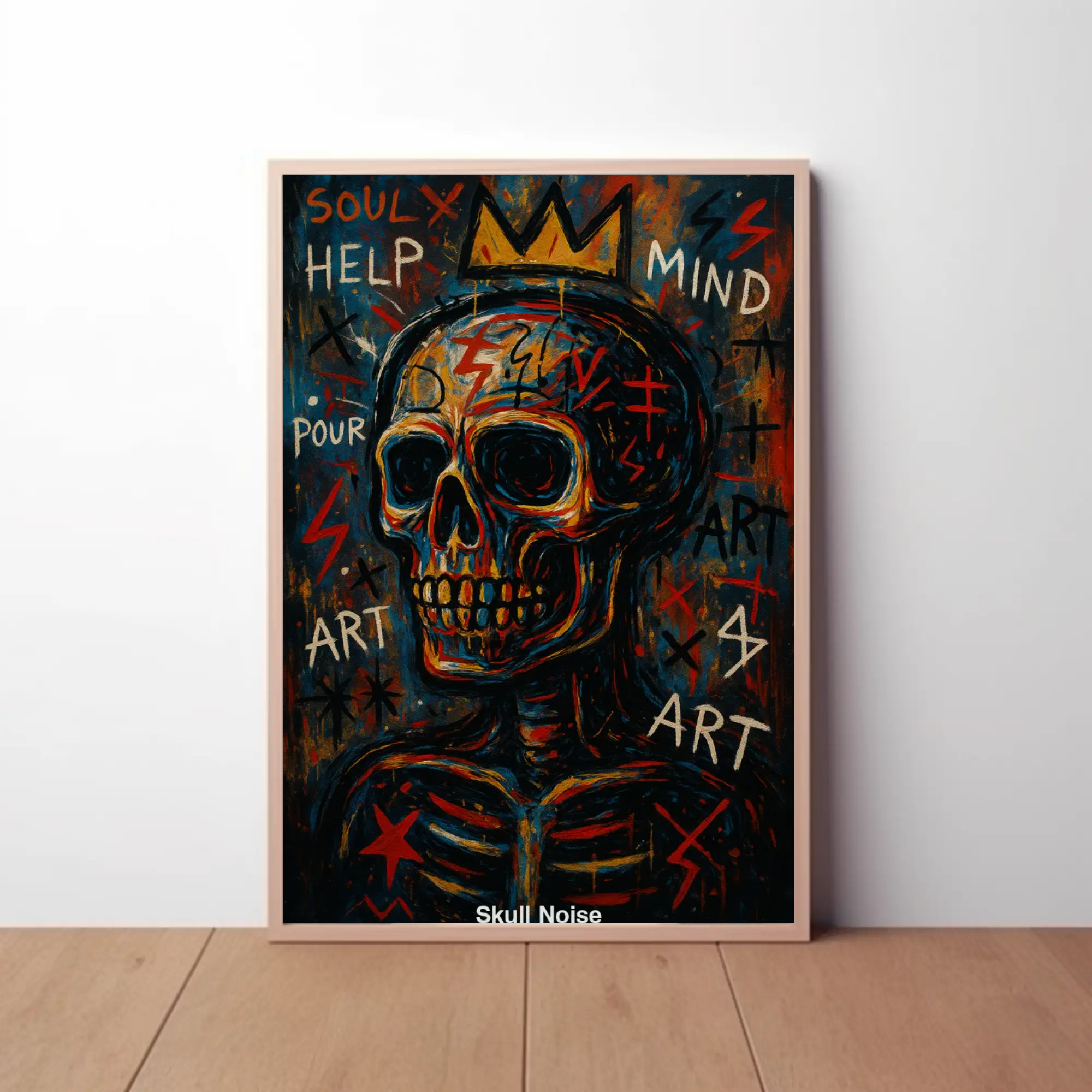 Mockup des Kunstwerks „Skull Noise“ – bunter Schädel mit Schriftzügen und Symbolen in urbaner AI Art