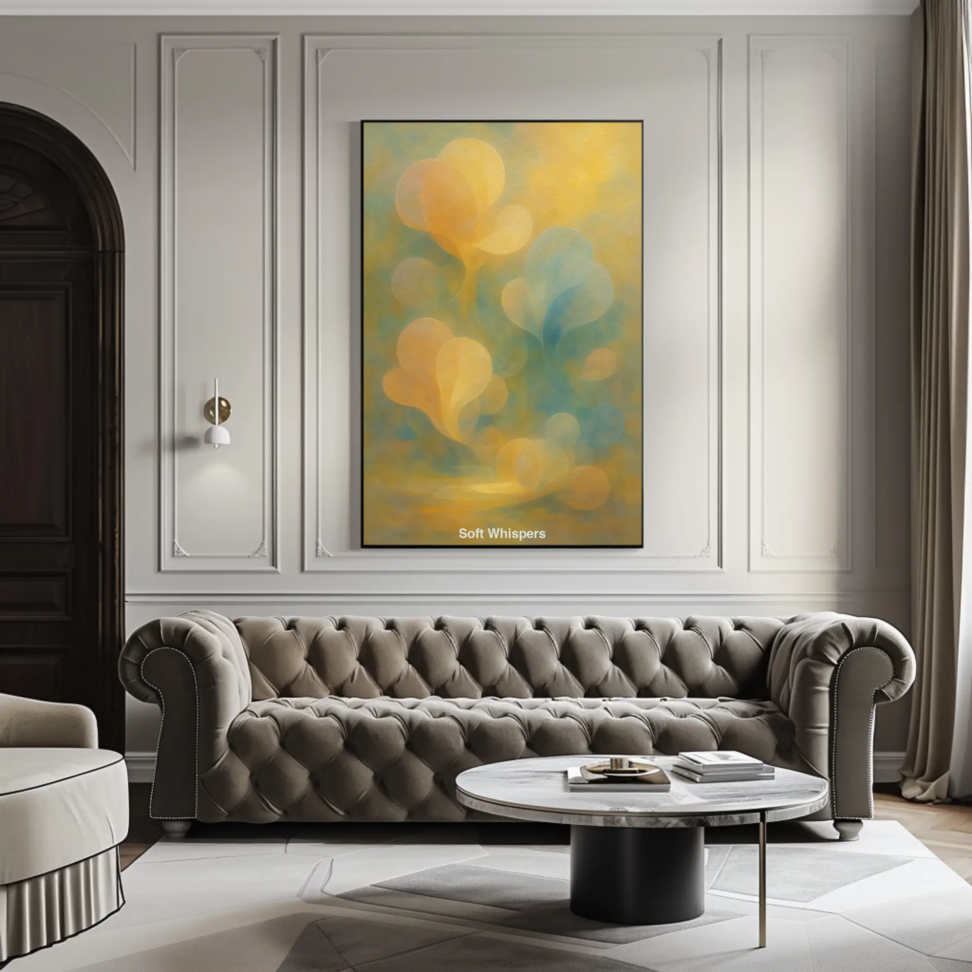 Mockup von „Soft Whispers“ – abstrakte digitale AI Kunst in Pastelltönen, perfekt für moderne Räume mit Stil