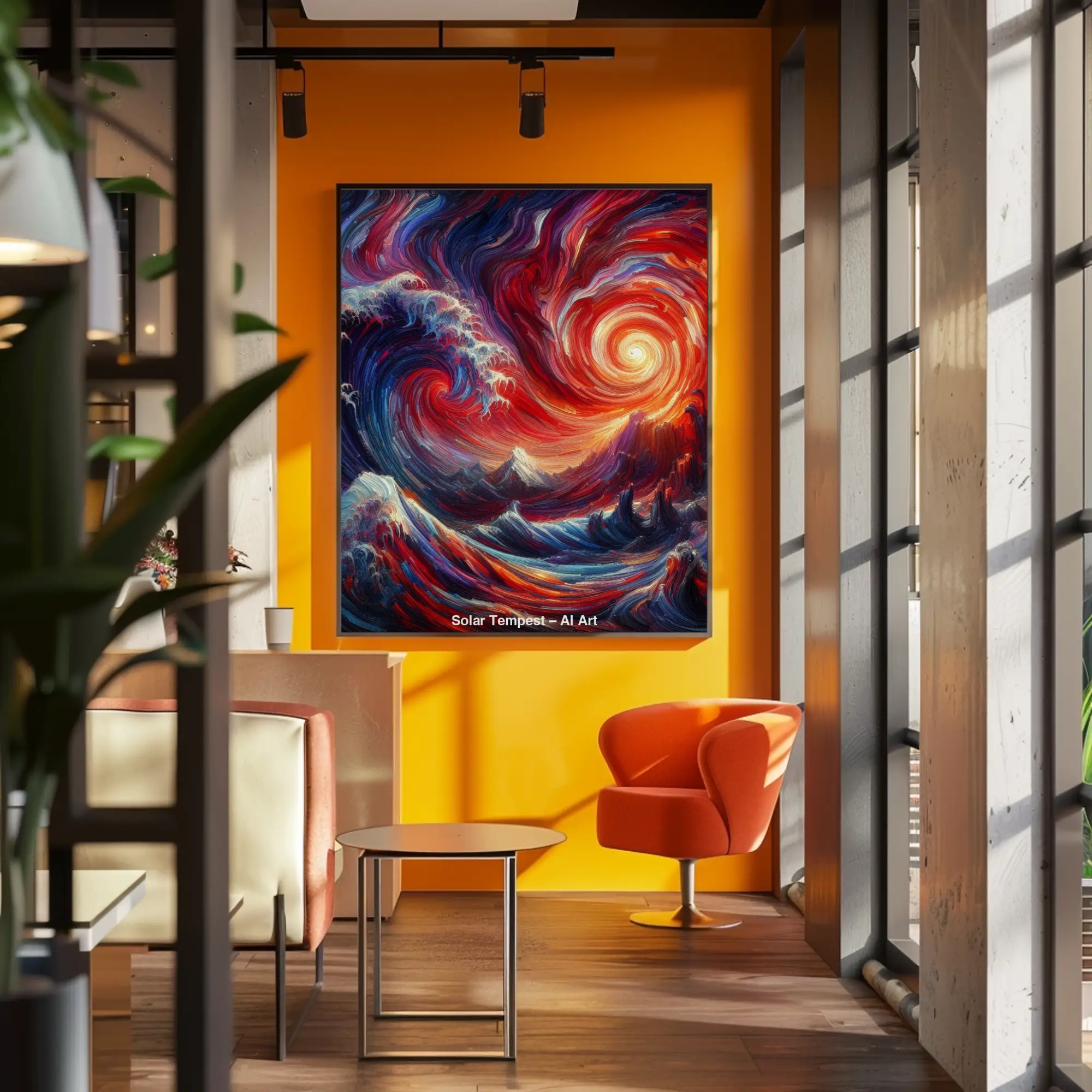 Mockup von Solar Tempest – AI Art, abstraktes Farbspiel mit flammenden Strudeln und leuchtenden Wellen.