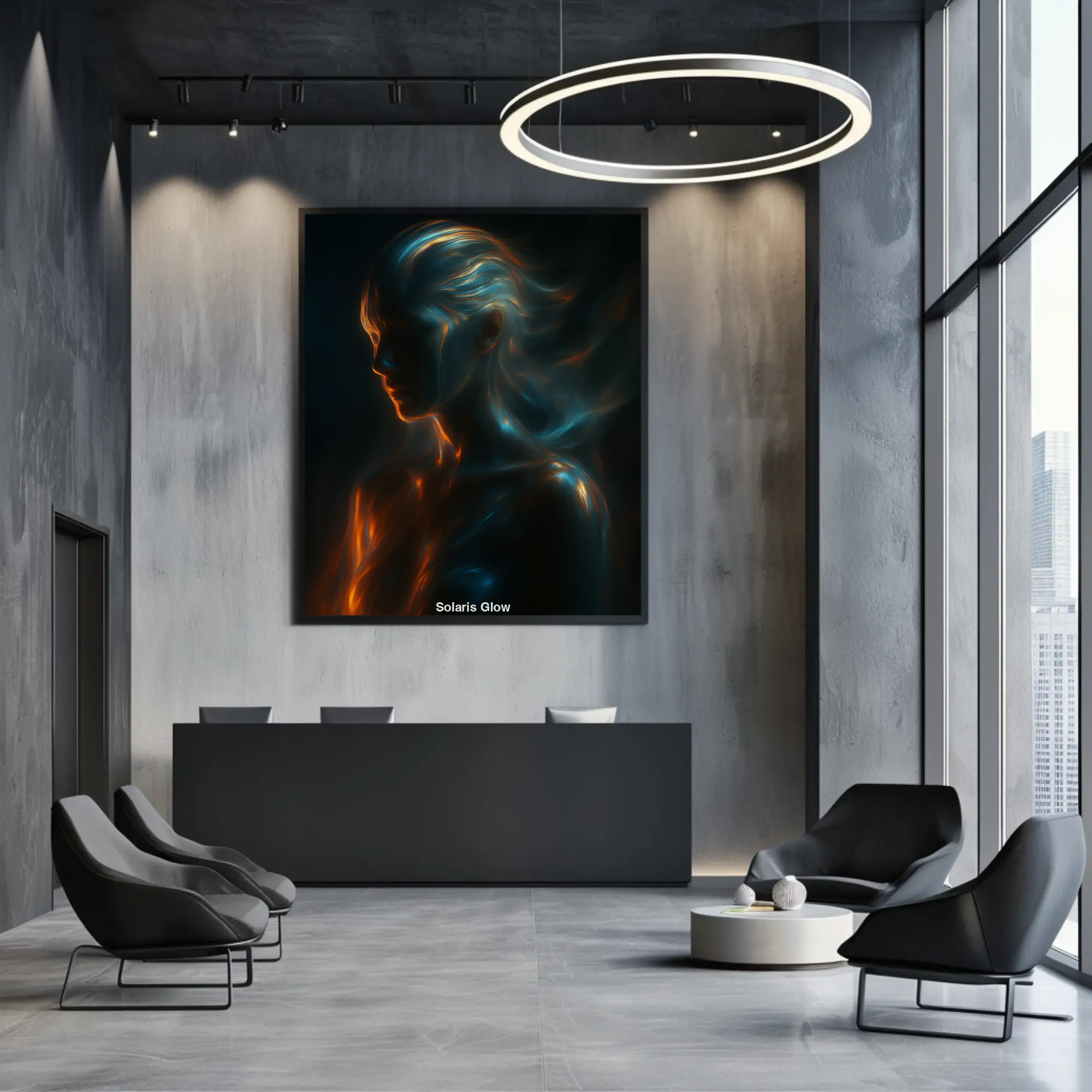 Mockup des digitalen Kunstwerks „Solaris Glow“ mit abstrakter Lichtfigur auf dunklem Hintergrund
