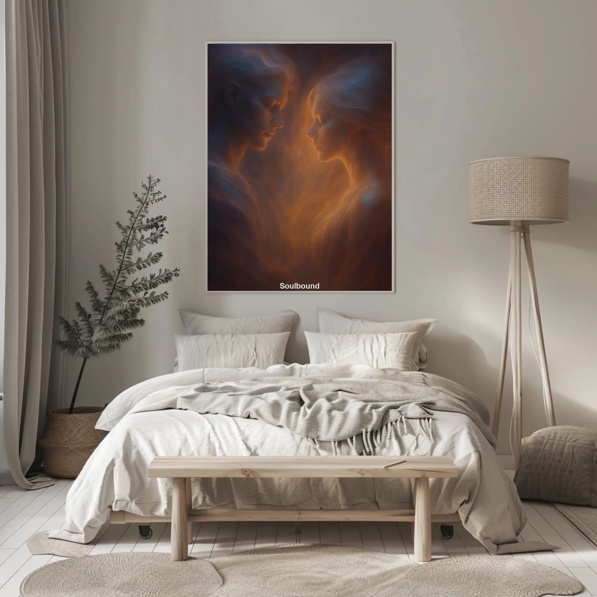 Mockup des Kunstwerks „Soulbound“ – ein spirituelles AI Art-Porträt zweier verbundener Seelen in Licht und Farbe