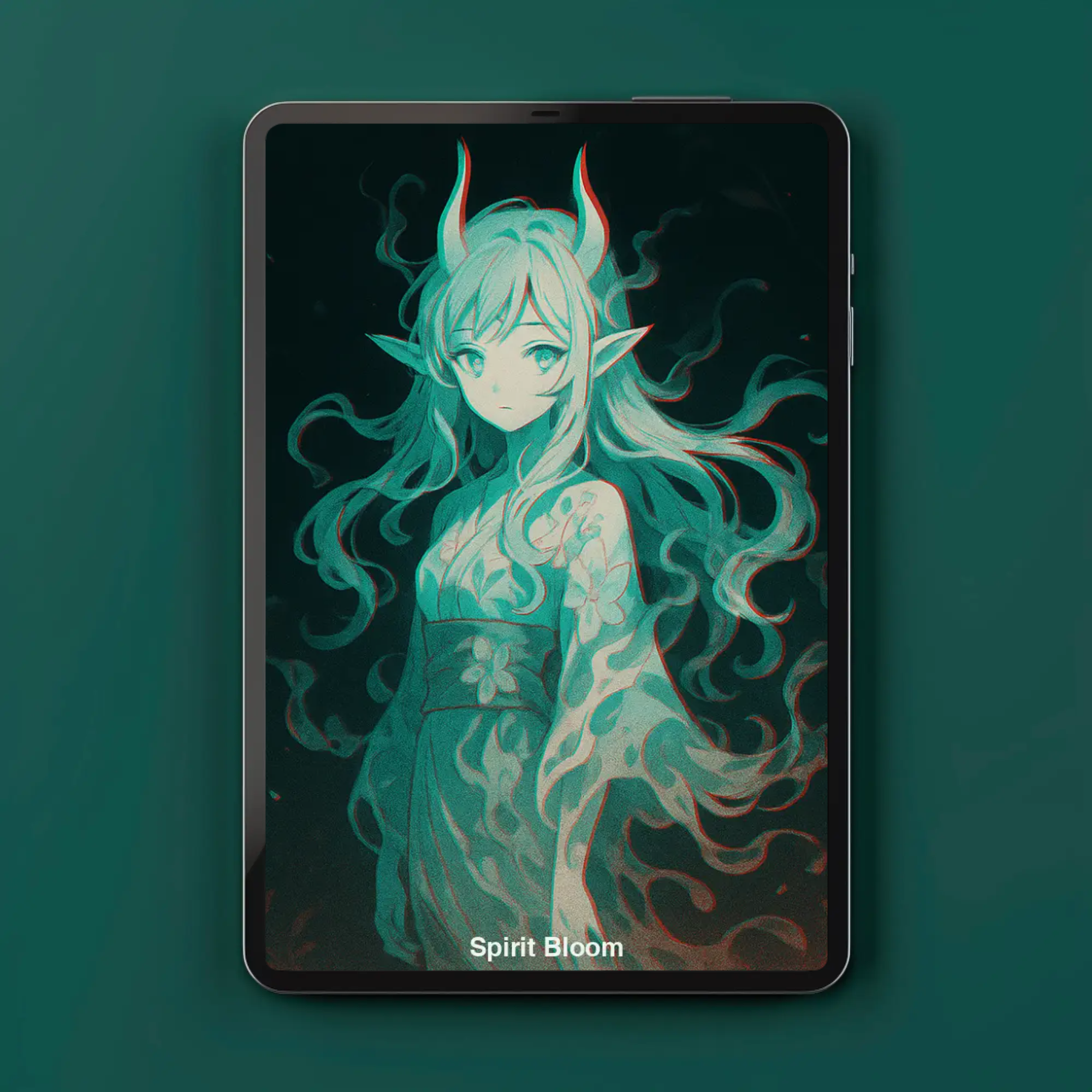 Mockup des digitalen Kunstwerks „Spirit Bloom“ mit Anime-Dämonin im Kimono auf dunklem Hintergrund
