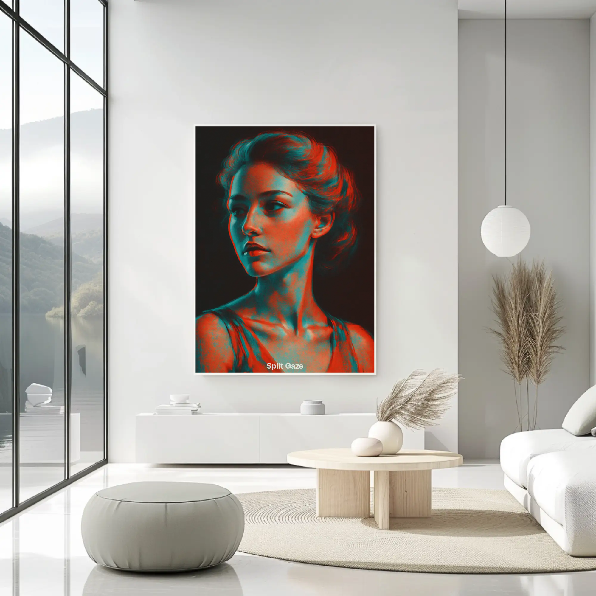 Mockup des Kunstdrucks „Split Gaze“ mit klassischem Frauenporträt und 3D-Effekt