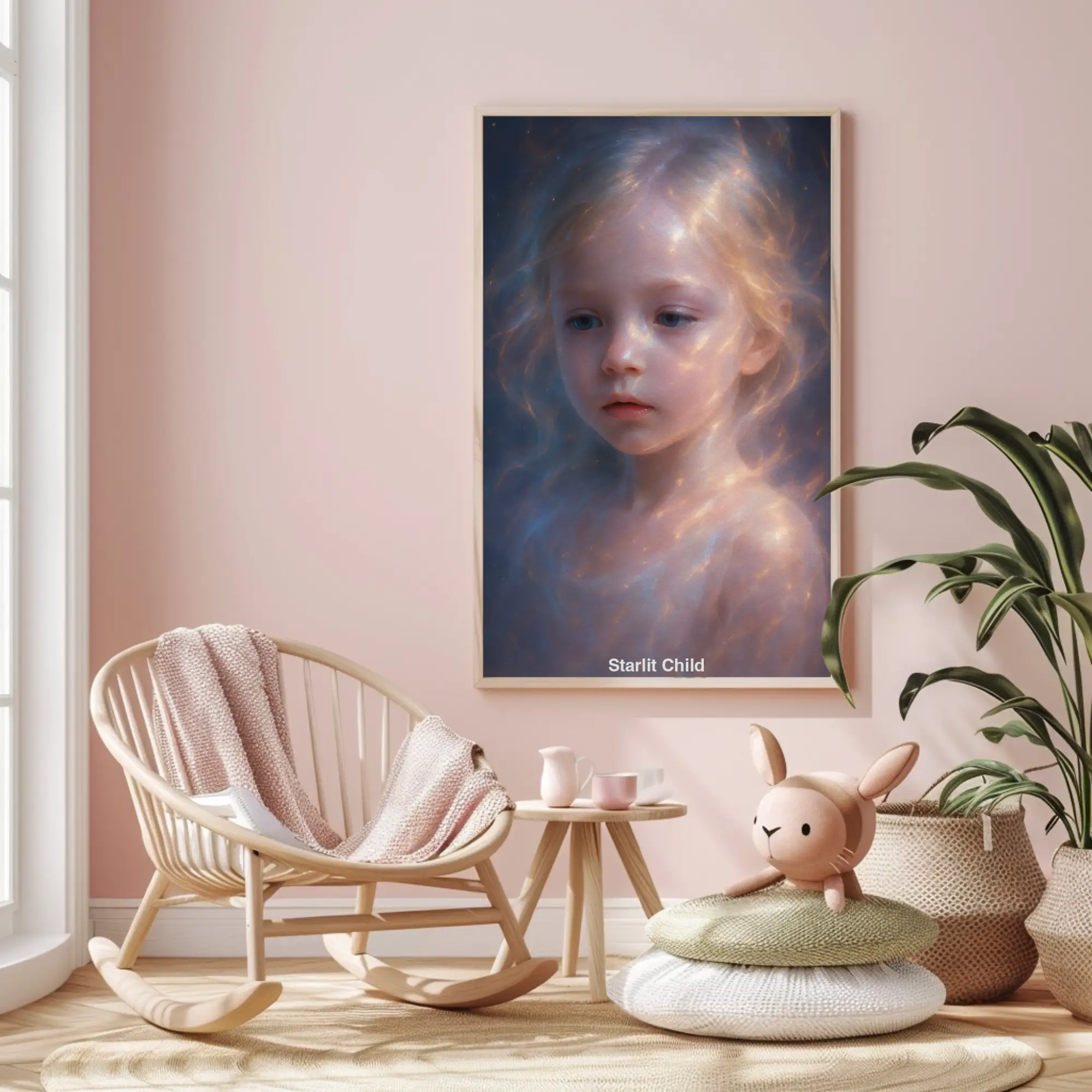 Mockup des Kunstwerks „Starlit Child“ – digitales Kinderporträt in stimmungsvoller Lichtkomposition mit AI erzeugt