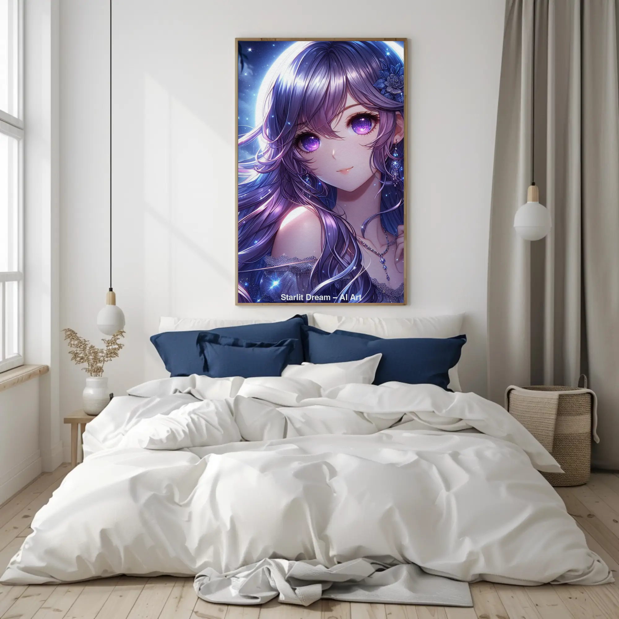 Mockup von Starlit Dream – AI Art, magisches Anime-Porträt mit violetten Augen und funkelndem Sternenhimmel.