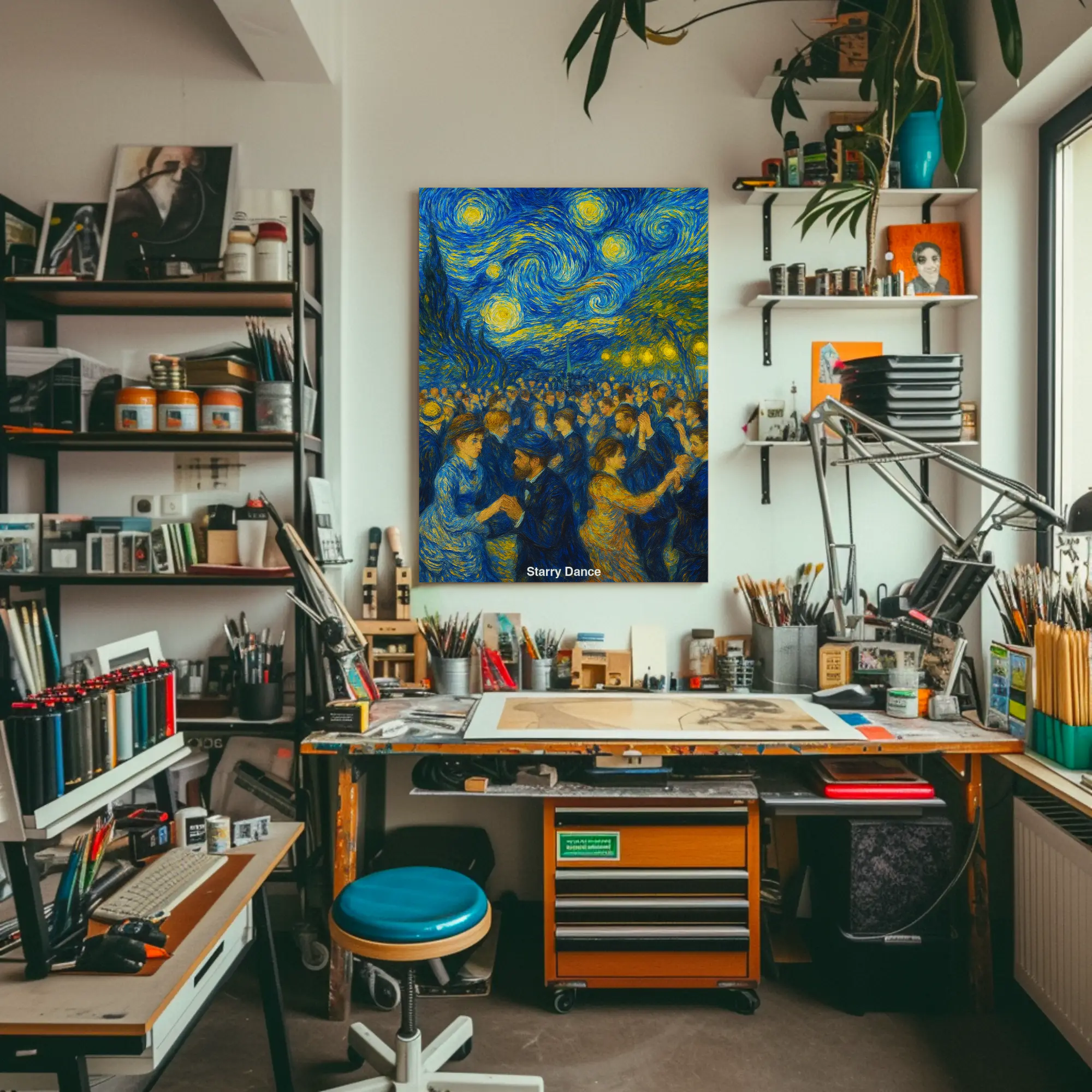 AI-generiertes Kunstwerk inspiriert von Van Gogh, voller Menschen & Bewegung