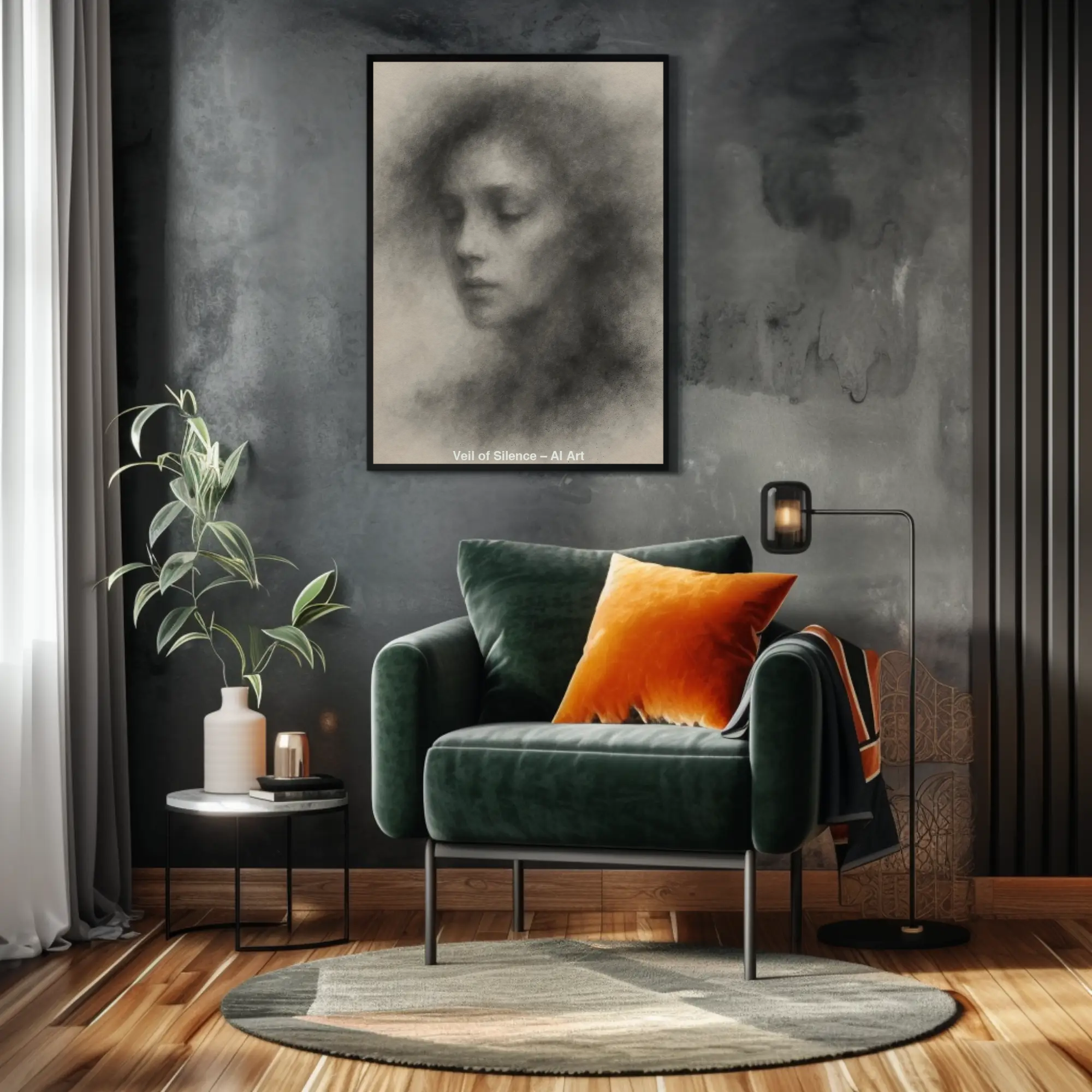 Sanftes monochromes AI-Art-Porträt einer Frau mit rauchigen Schattierungen.