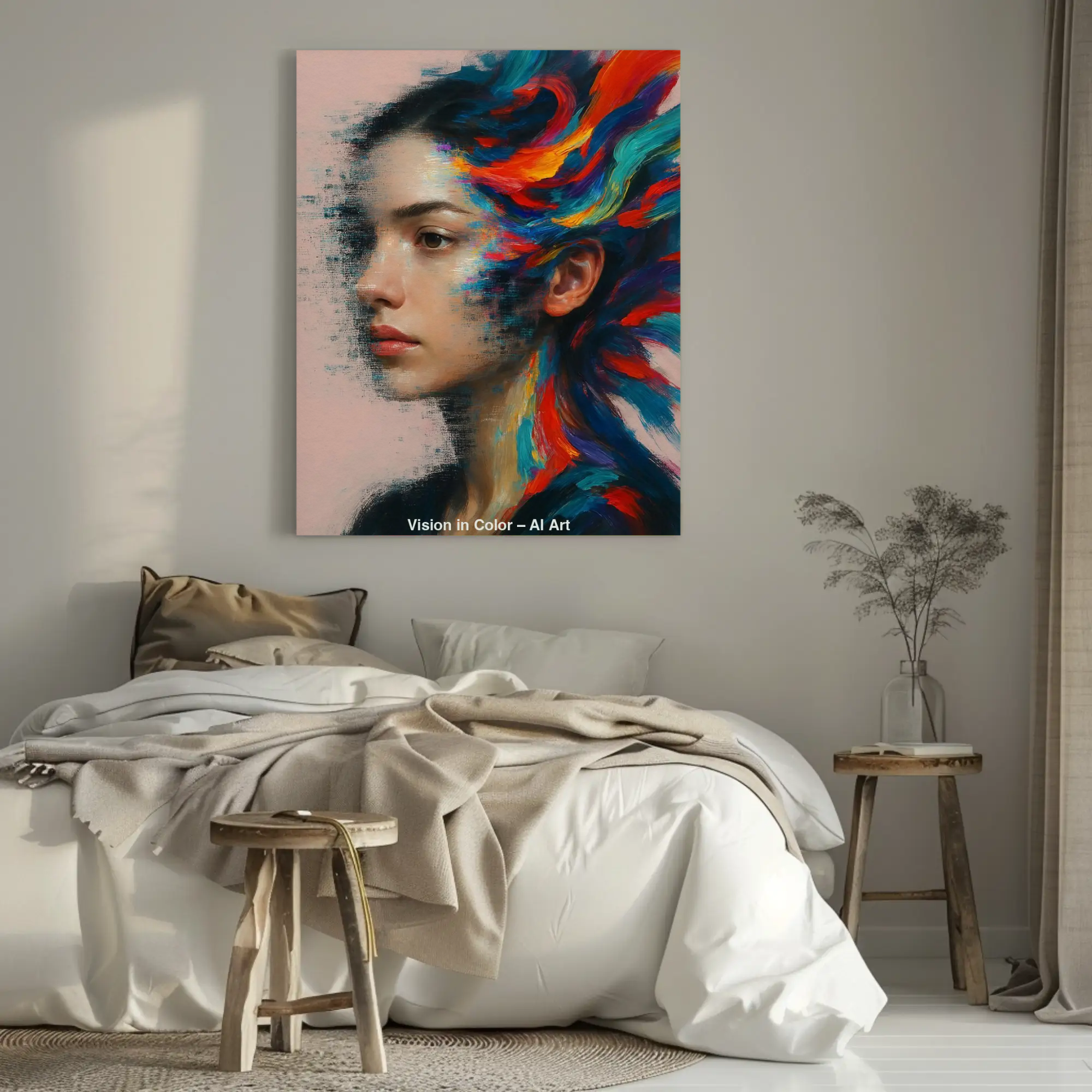 Mockup eines AI-Art-Porträts einer Frau, verschmolzen mit abstrakten, leuchtenden Pinselstrichen.