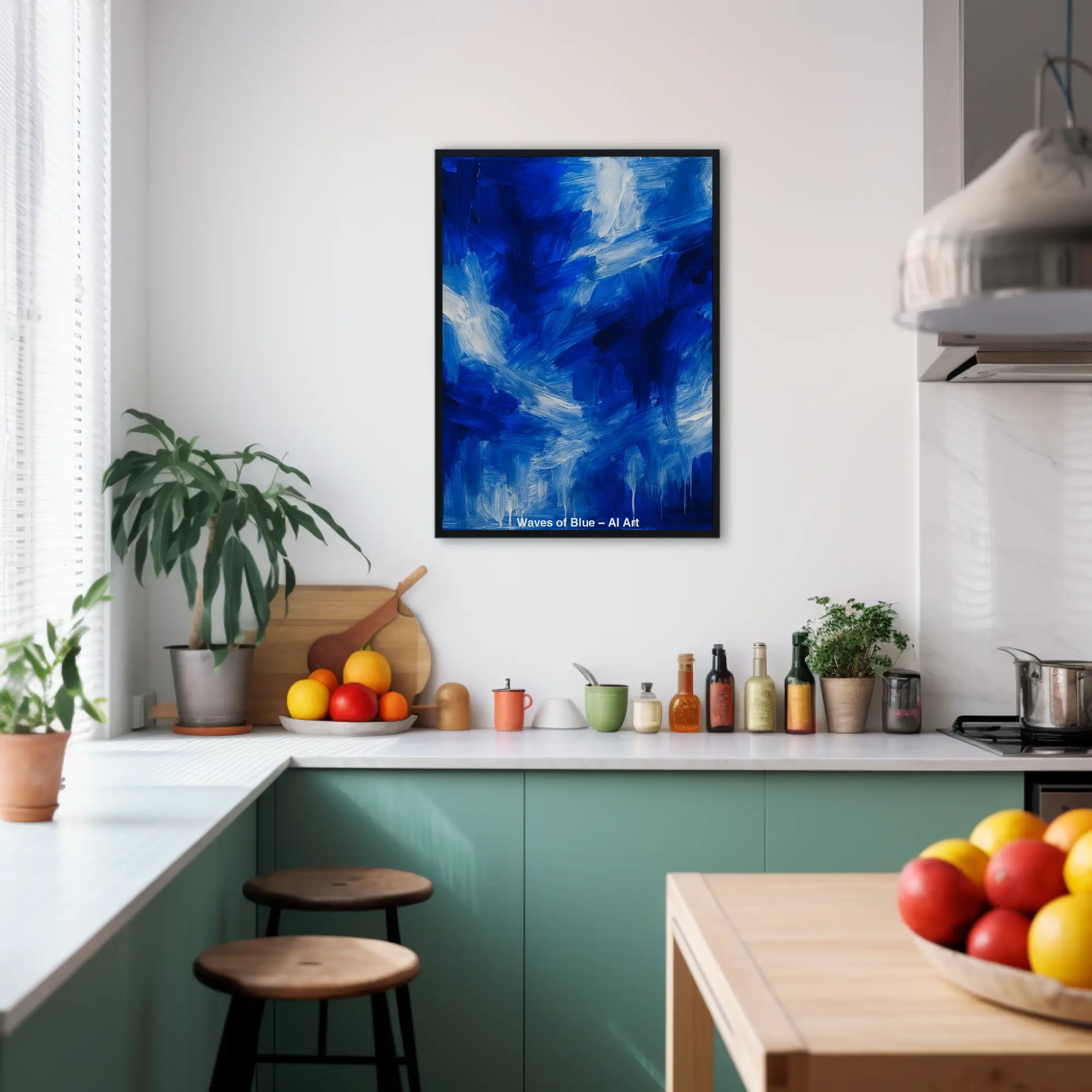 Mockup eines abstrakten AI-Art-Wandbildes in kräftigem Blau und Weiß mit dynamischen Pinselstrichen.