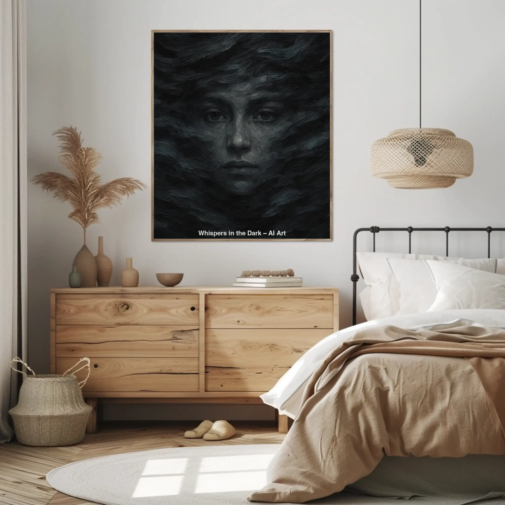 Mockup eines AI-Art-Porträts einer Frau in dunklen, fließenden Strukturen.