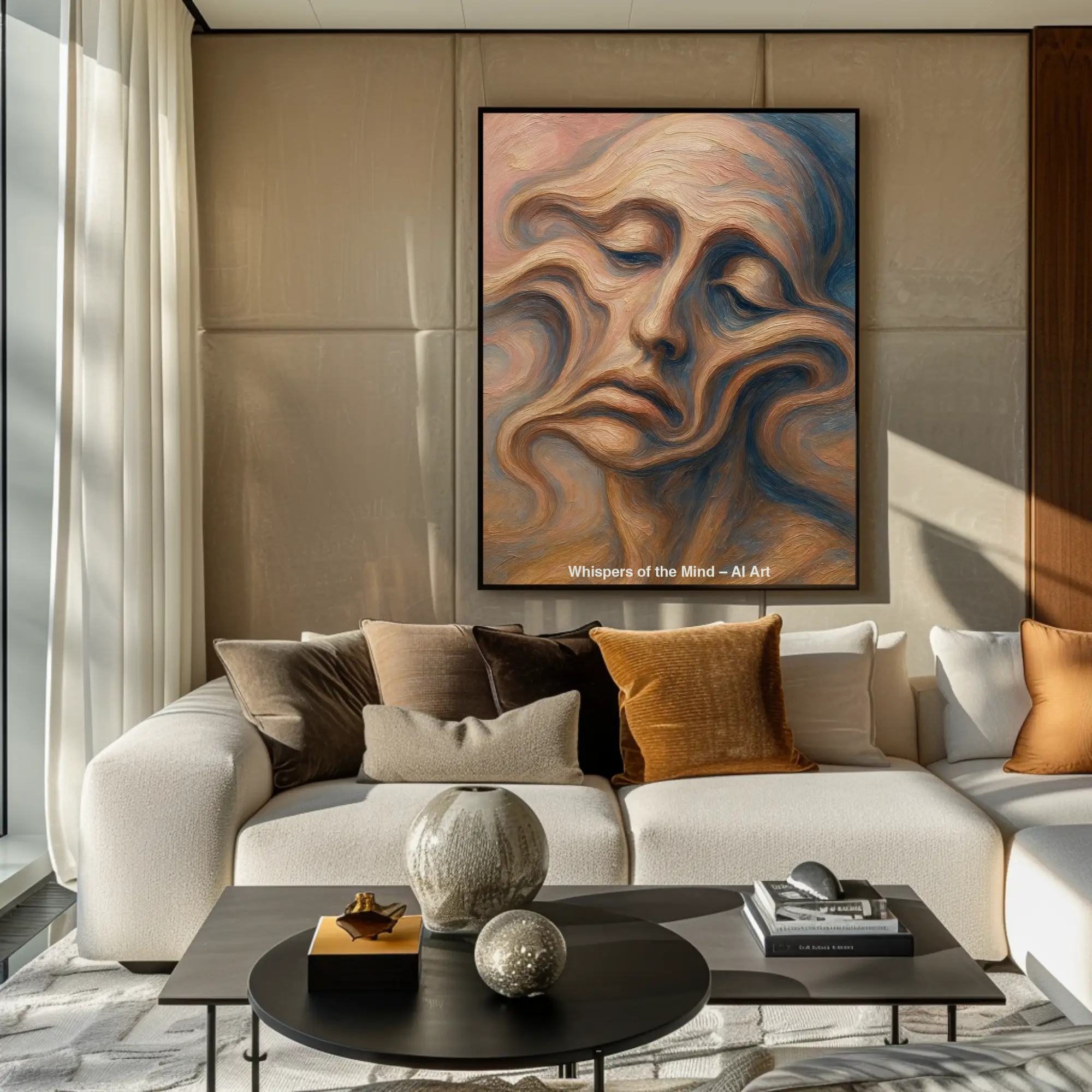 Mockup von Whispers of the Mind – AI Art, surreal verzerrtes Porträt in Beige- und Blautönen mit fließenden, träumerischen Formen.