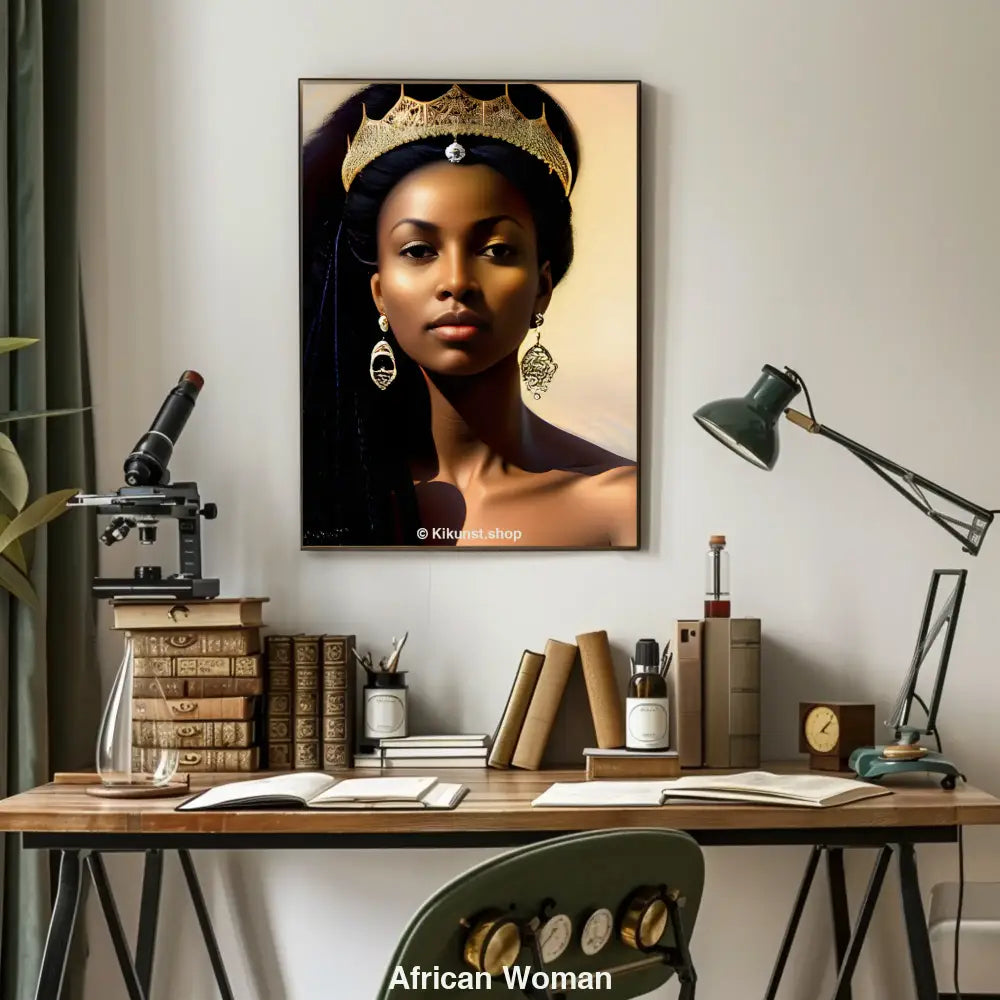 Porträt einer afrikanischen Frau mit goldener Krone und kunstvollen Ohrringen vor hellem Hintergrund