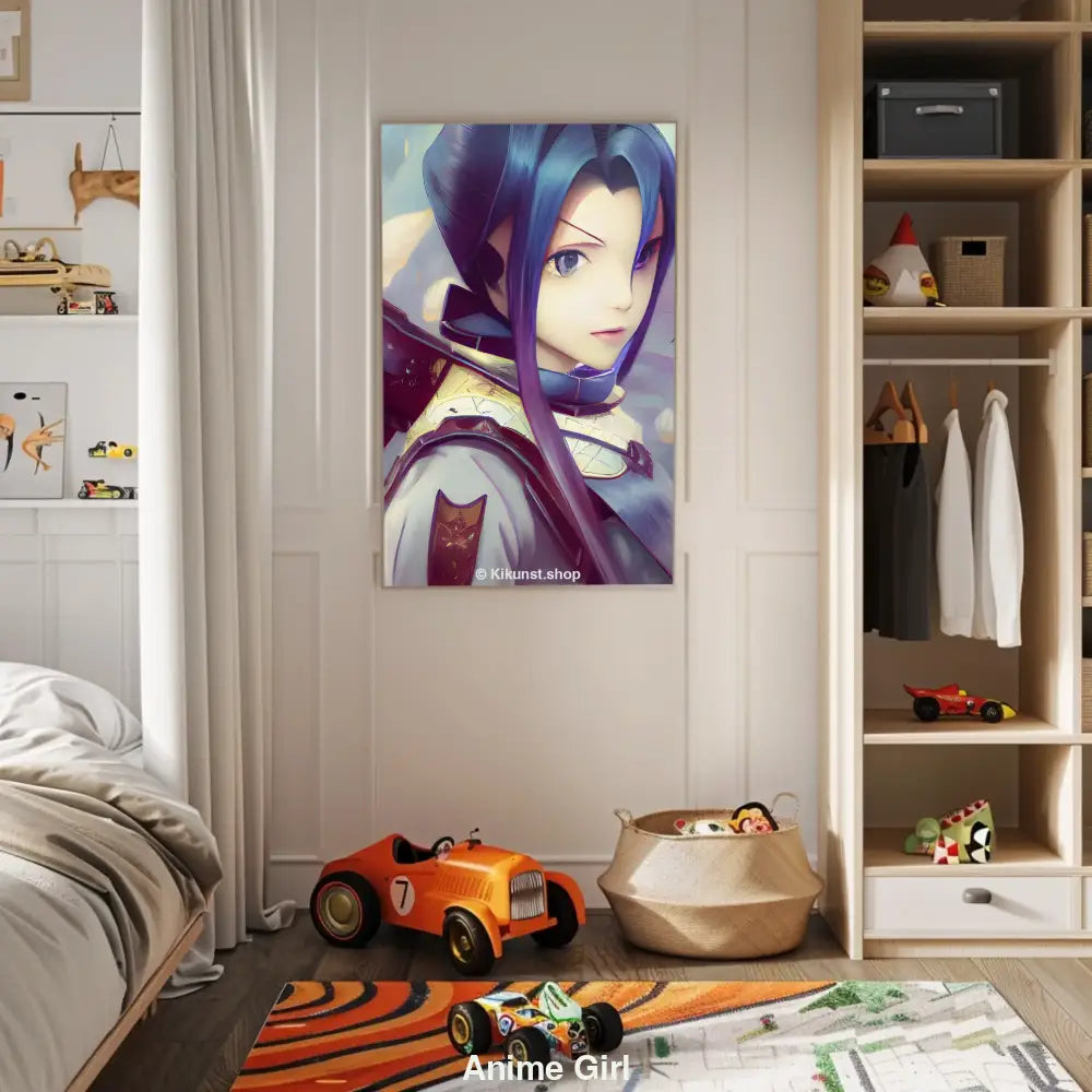 Anime-Mädchen mit violett-blauem Haar, futuristischer Rüstung und magischem Hintergrund in Pastelltönen
