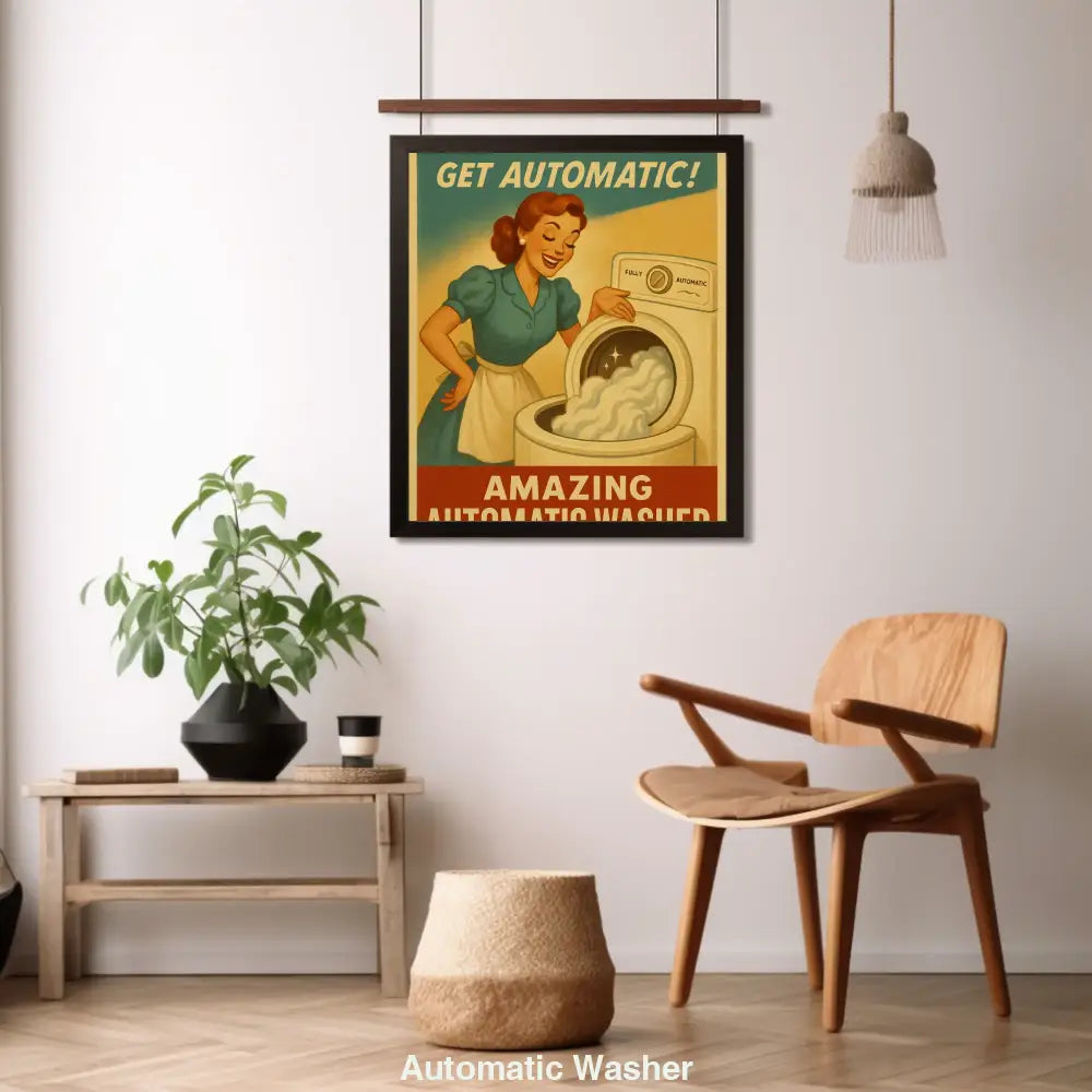 Vintage-Werbung mit lächelnder Hausfrau neben einer vollautomatischen Waschmaschine mit Schaum