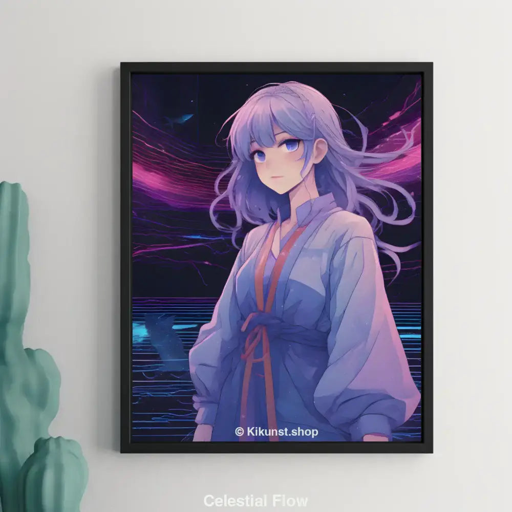 Anime-Illustration eines Mädchens mit lila Haar vor futuraler Kulisse – perfekt als Poster oder Leinwand-Dekor