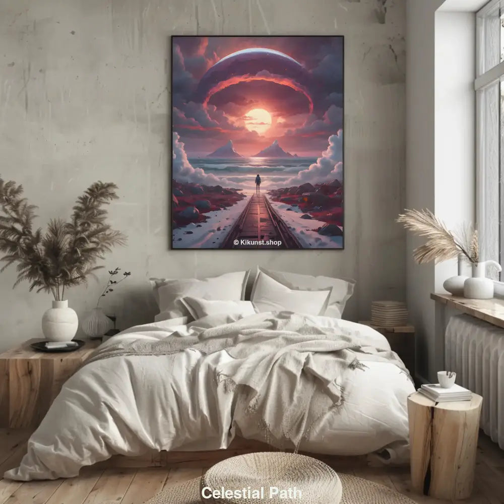 Person steht auf Steg vor leuchtendem Sonnenuntergang, zwei Berge im Hintergrund, dramatische Wolken und schwebender Ring am Himmel.