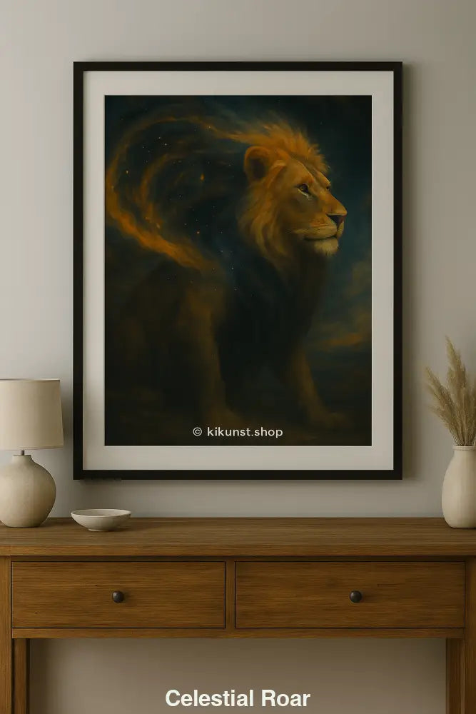 Digitales Kunstwerk eines Löwen mit galaktischer Mähne in warmen Tönen, gerahmt an einer hellen Wand im Wohnzimmer.