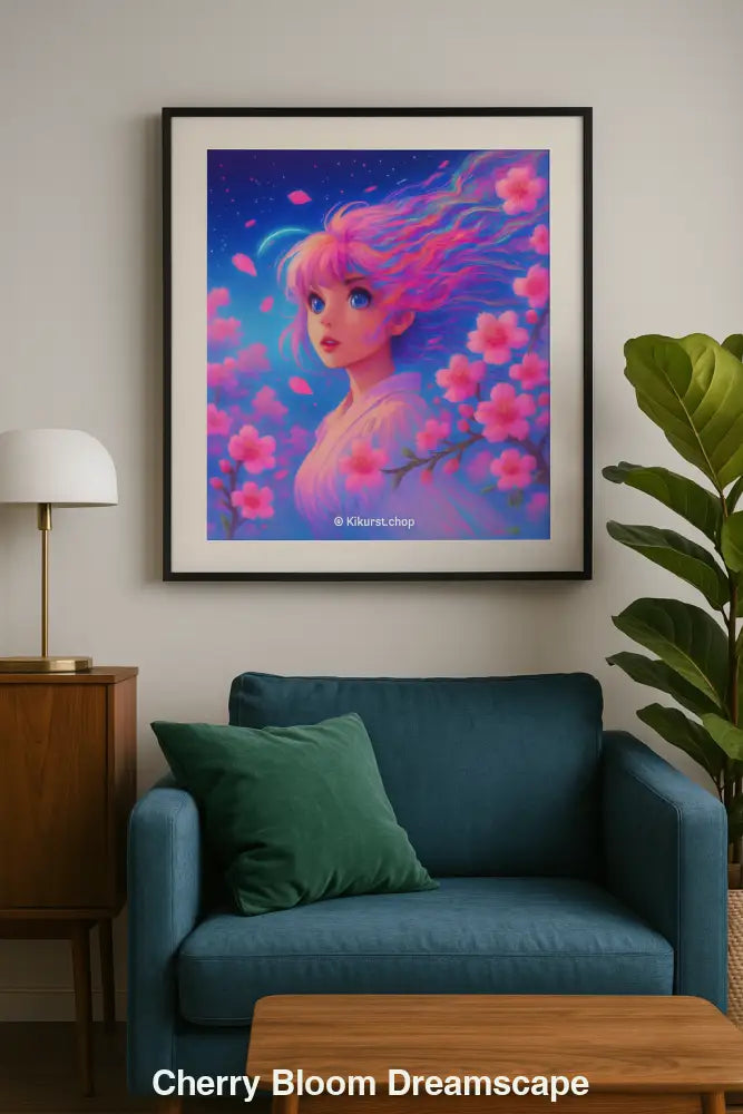 Gerahmte digitale Anime-Illustration mit pinkhaarigem Mädchen und Kirschblüten – über petrolfarbenem Sofa im Mid-Century-Stil.