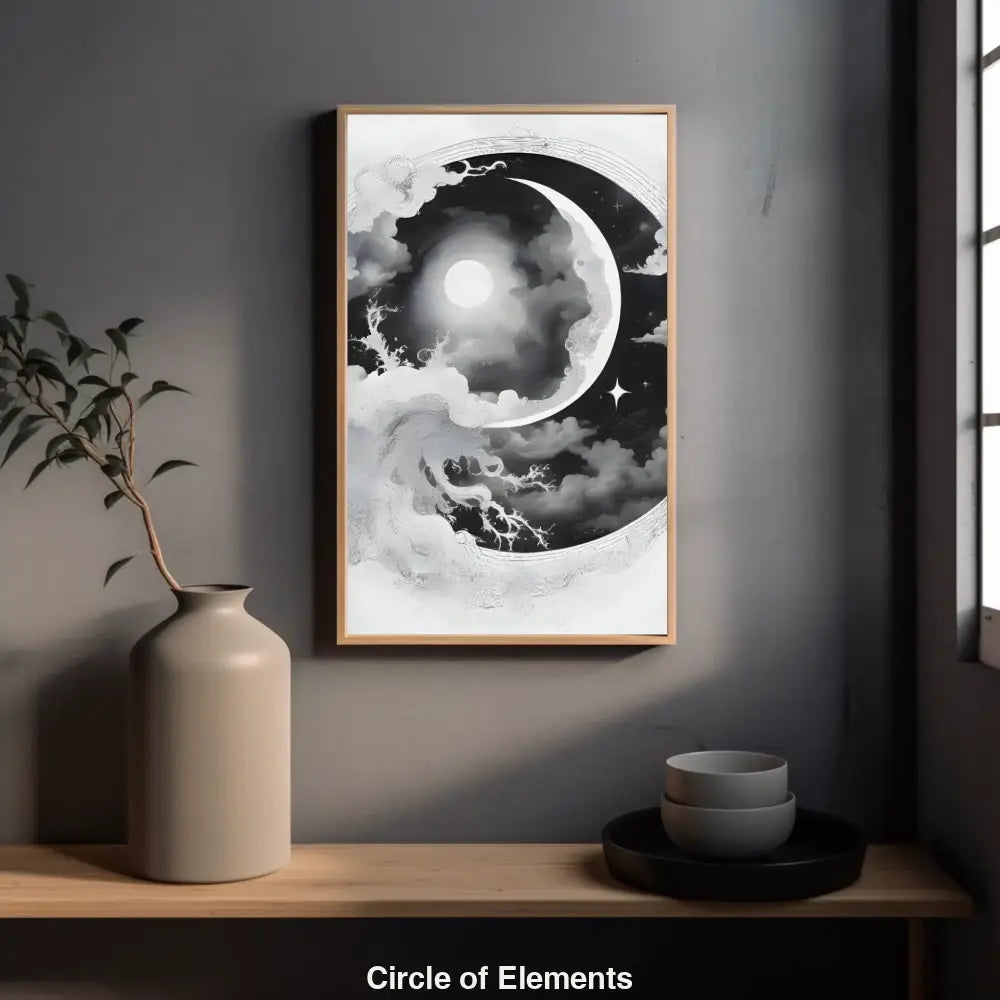 Yin-Yang-Symbol aus Wolken, Blitzen, Sternen und Monden in schwarz-weißer Harmonie – mystische Darstellung der Elemente im Kreis.
