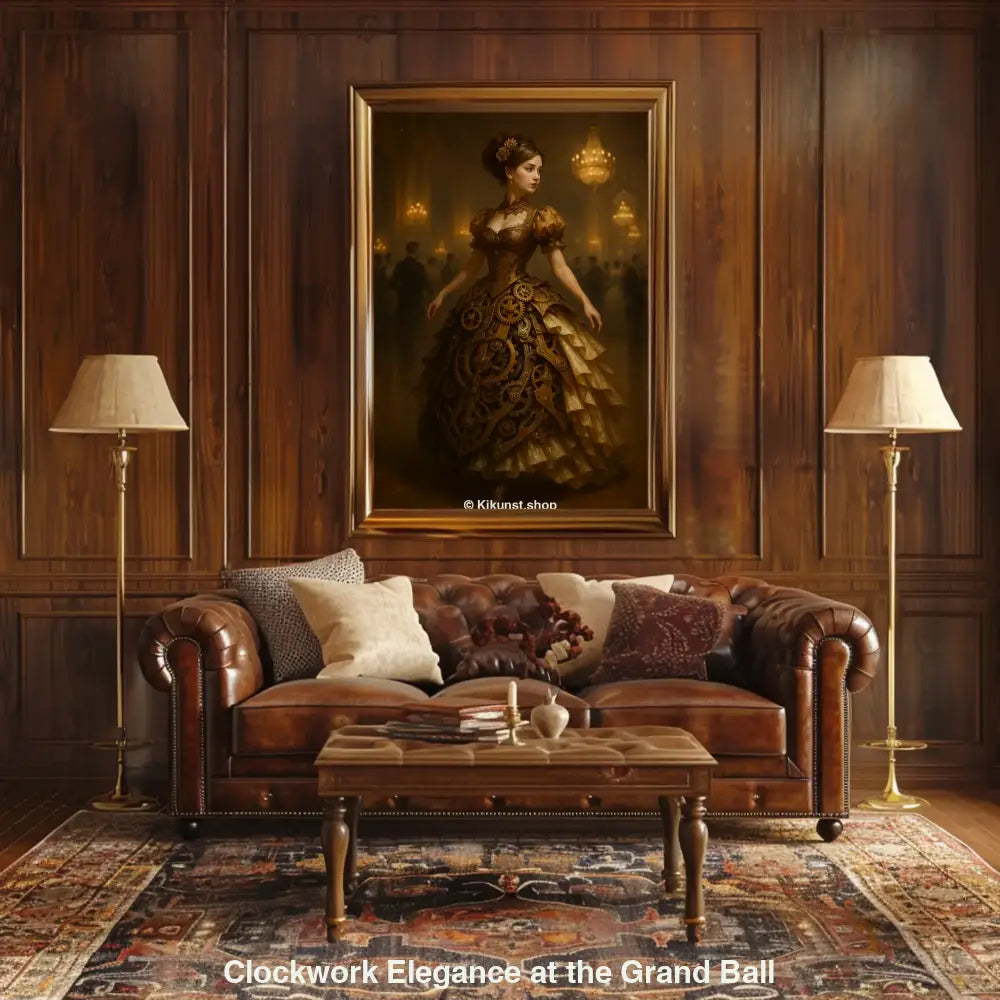 Frau im opulenten Steampunk-Kleid mit Zahnrädern auf einem Ball, umgeben von warmem Licht und elegantem Saalambiente.