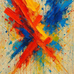 Color Collision – AI Art, abstraktes Gemälde mit kräftigen roten, blauen und gelben Pinselstrichen und energiegeladenen Farbspritzern.