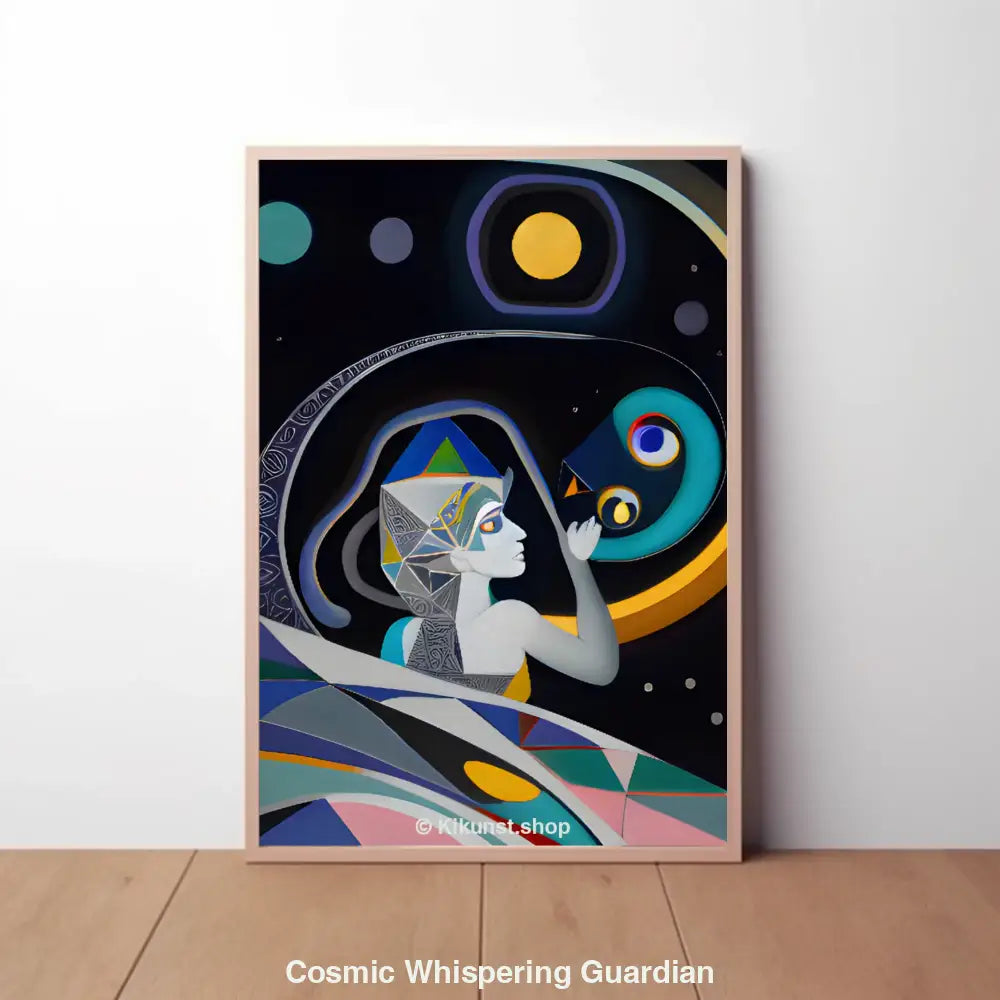 Abstrakte Figur in geometrischen Formen interagiert mit einem kosmischen Objekt vor tiefschwarzem Hintergrund mit bunten Planeten und Kurven.