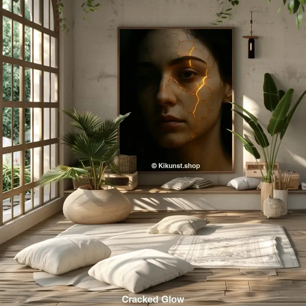 Porträt einer Frau mit leuchtenden Rissen im Gesicht, digitale Kunst mit dunklem Hintergrund.