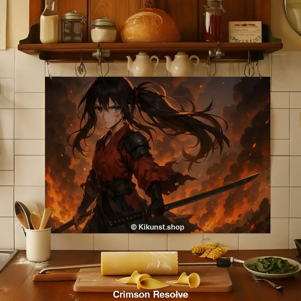 Anime-Kriegerin mit Katana steht kampfbereit vor einer dramatischen, brennenden Hintergrundlandschaft.