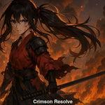 Anime samurai girl with long dark hair in battle stance, wearing torn armor and red kimono, with flames and smoke in background