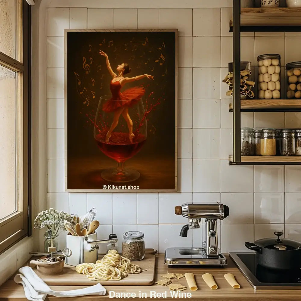Ballerina in rotem Kleid tanzt anmutig in einem Weinglas, umgeben von Musiknoten und rot spritzendem Wein.