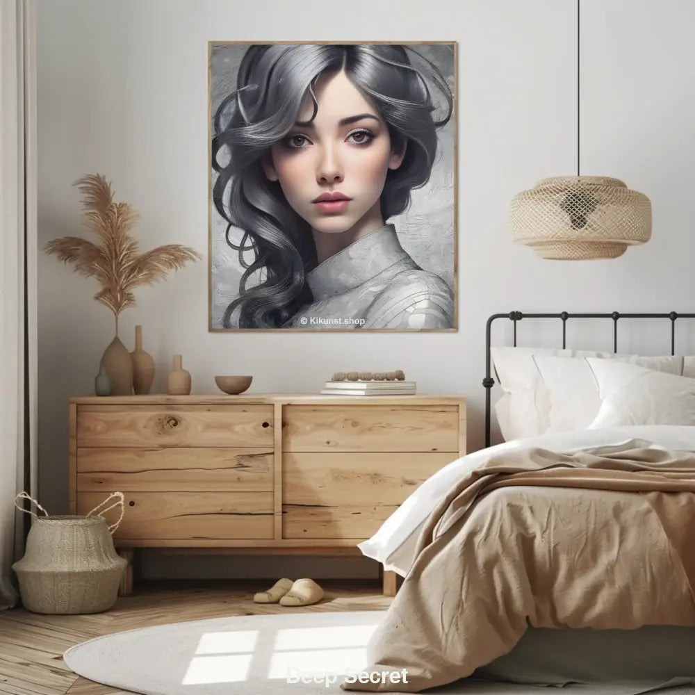 Porträt einer jungen Frau mit silbergrauen Locken, tiefem Blick und elegantem Outfit vor einem abstrakten Hintergrund in Grautönen.