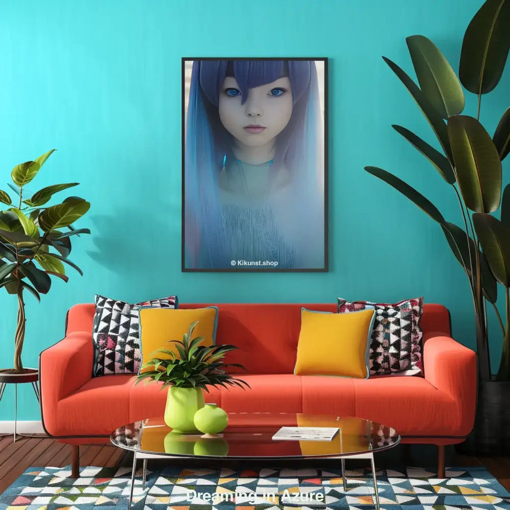 Mockup eines stilisierten Porträts mit blauen Haaren und sanftem Licht – verträumte Ästhetik für Poster oder Drucke
