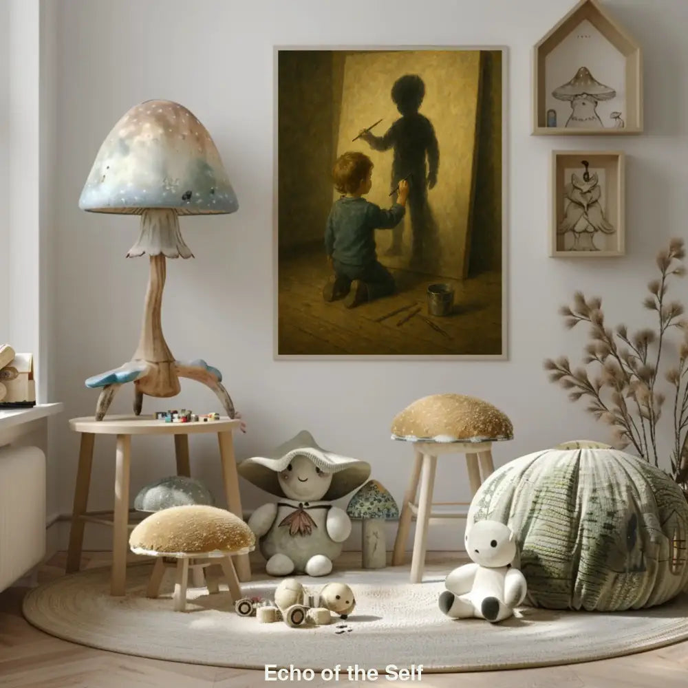 Ein Kind kniet vor einer Leinwand und malt seinen eigenen Schatten, der mit Pinsel in der Hand zurückblickt – ein stilles Spiel mit Identität und Fantasie.