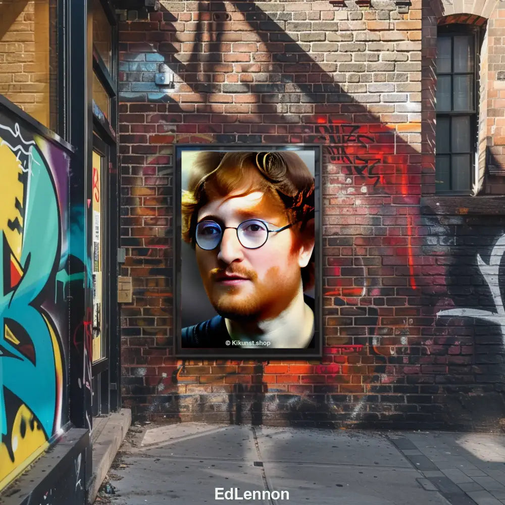 Surreales Porträt eines Mannes mit runder Brille, rötlichem Bart und Haaren, inspiriert von berühmten Musikern, mit leicht verfremdeten Gesichtszügen.